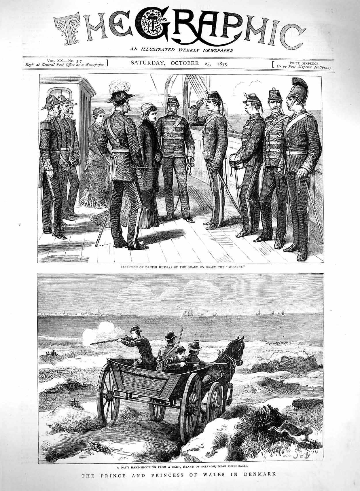 Original Old Antique Print 1879 Prince Wales Denmark Hare Shooting Osborne Ship