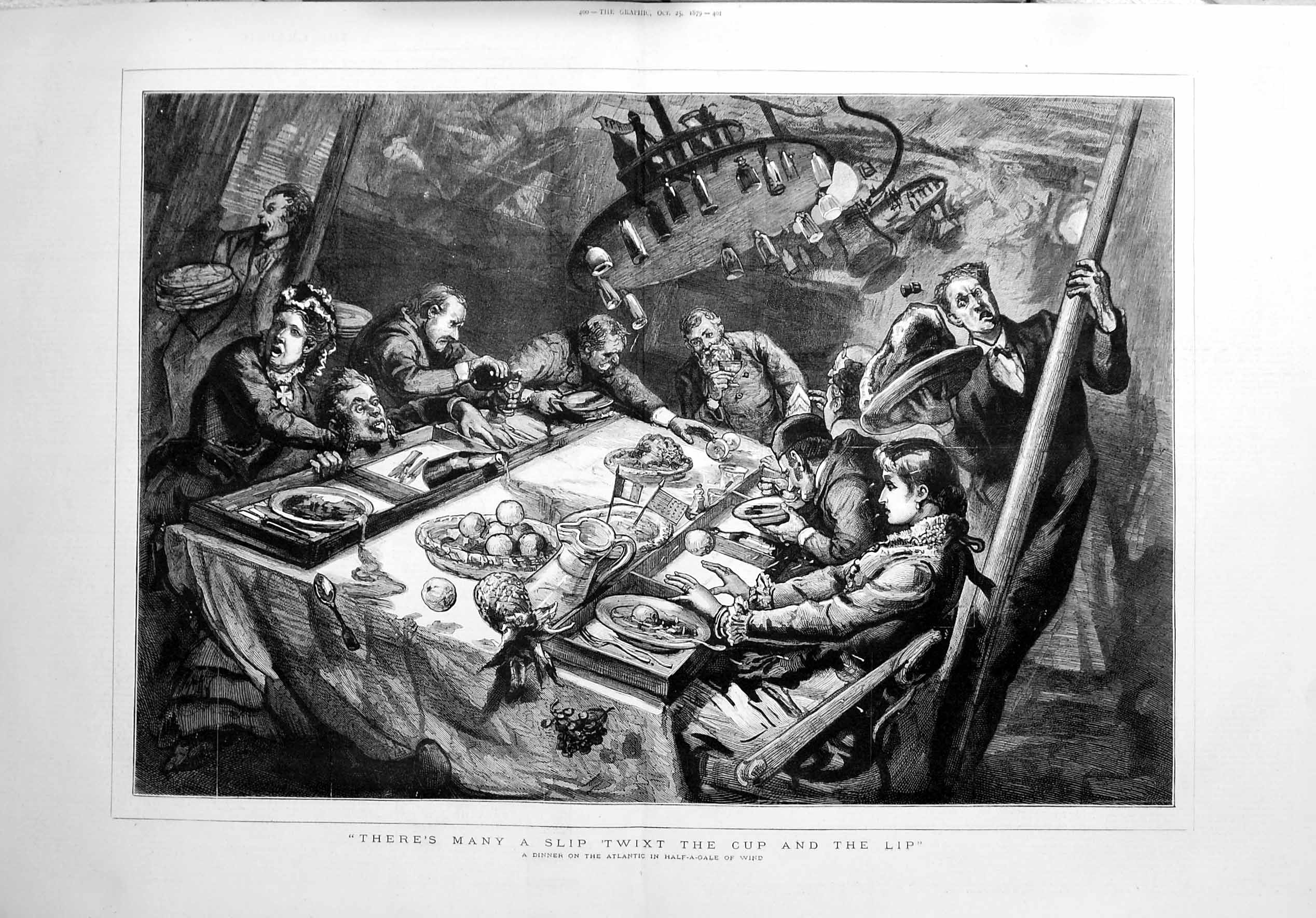 Original Old Antique Print 1879 Dinner Table Atlantic Ship Stormy Sea Fine Art