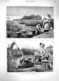 Original Old Antique Print 1879 Rural Life Holland Washing Canal Milk Boats