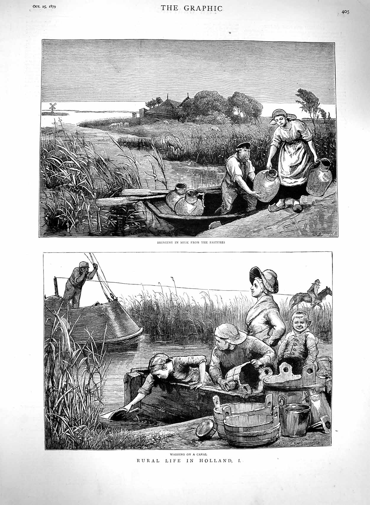 Original Old Antique Print 1879 Rural Life Holland Washing Canal Milk Boats