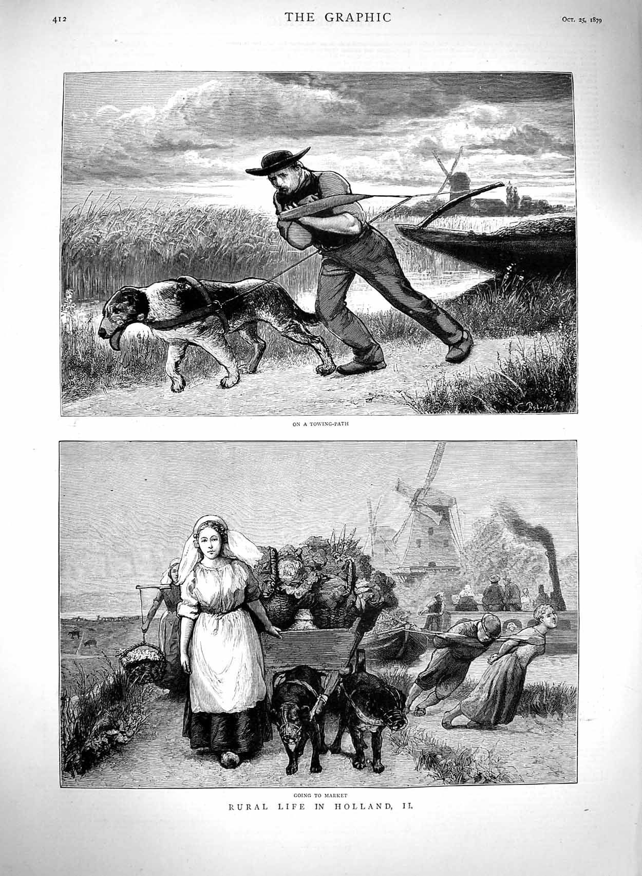 Original Old Antique Print 1879 Rural Life Holland Market Cart Windmills Canal