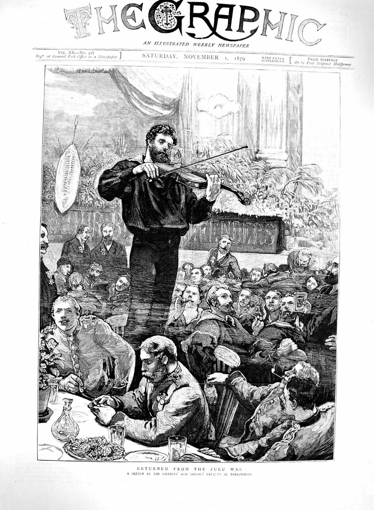 Original Old Antique Print 1879 Zulu War Siers Sailors Banquet Portsmouth 19th