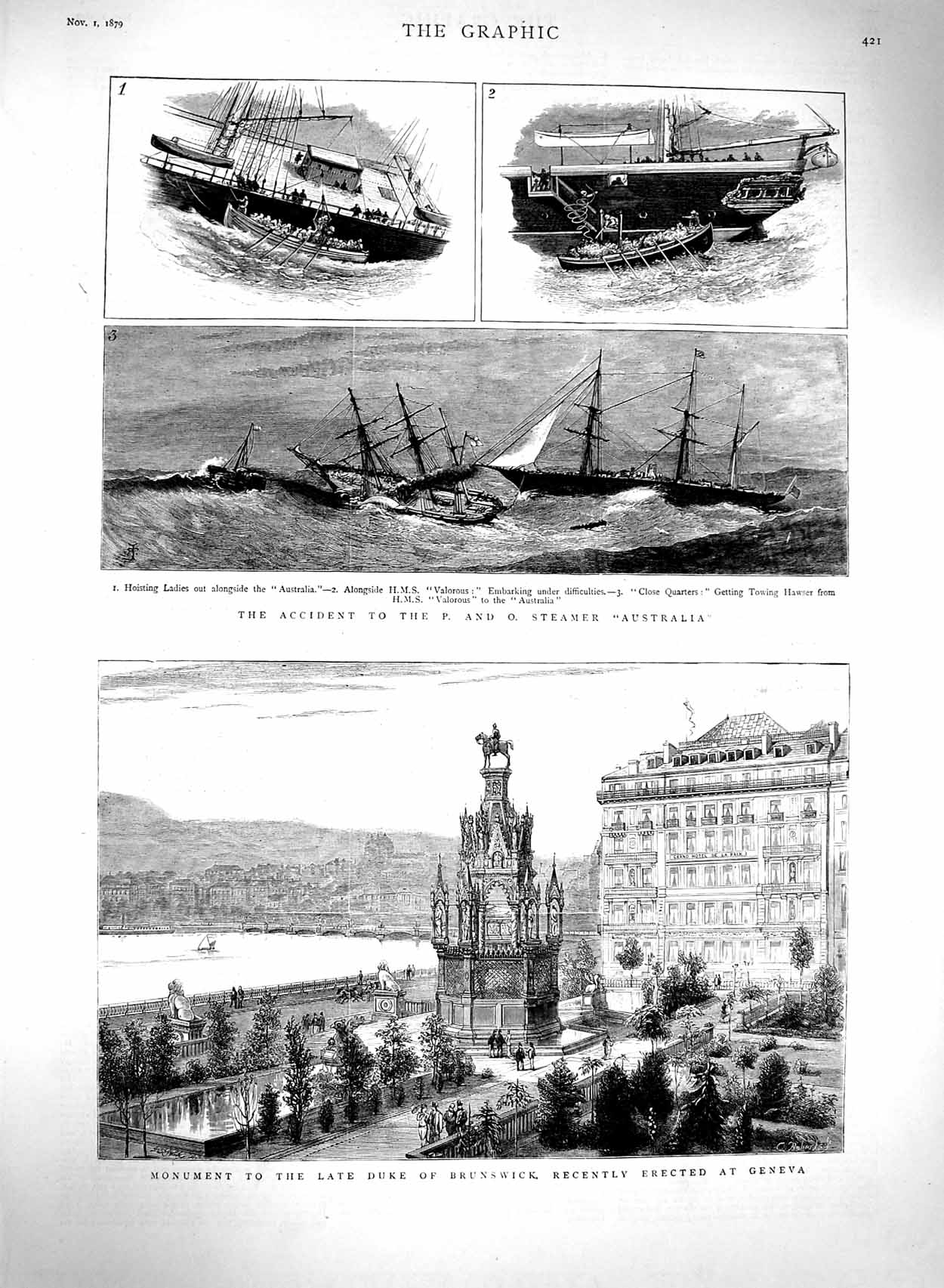Original Old Antique Print 1879 Monument Duke Brunswick Geneva Australia Ship
