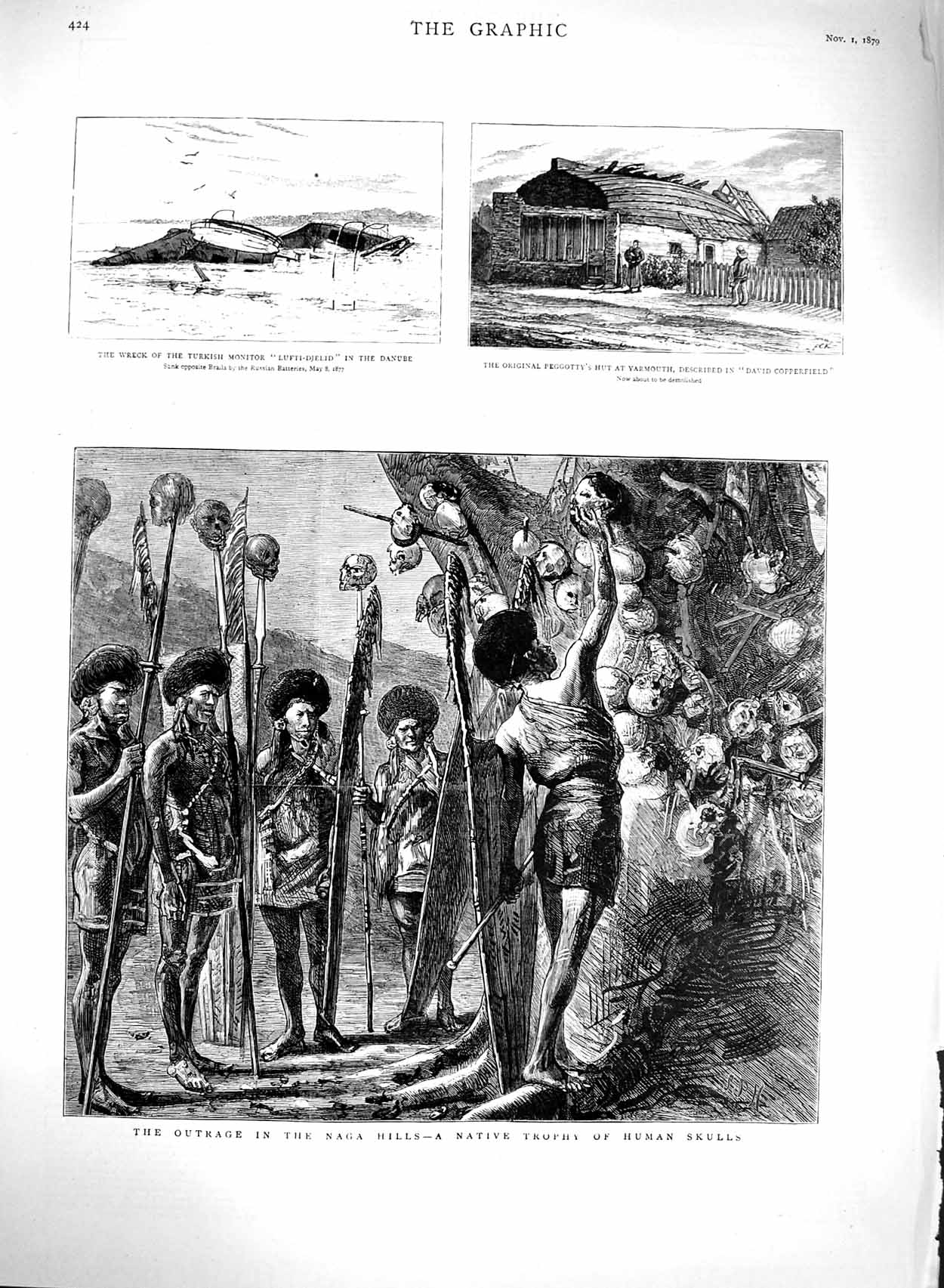 Old Antique Print 1879 Naga Hills Human Skulls Natives Ship Lufti-Djelid 19th