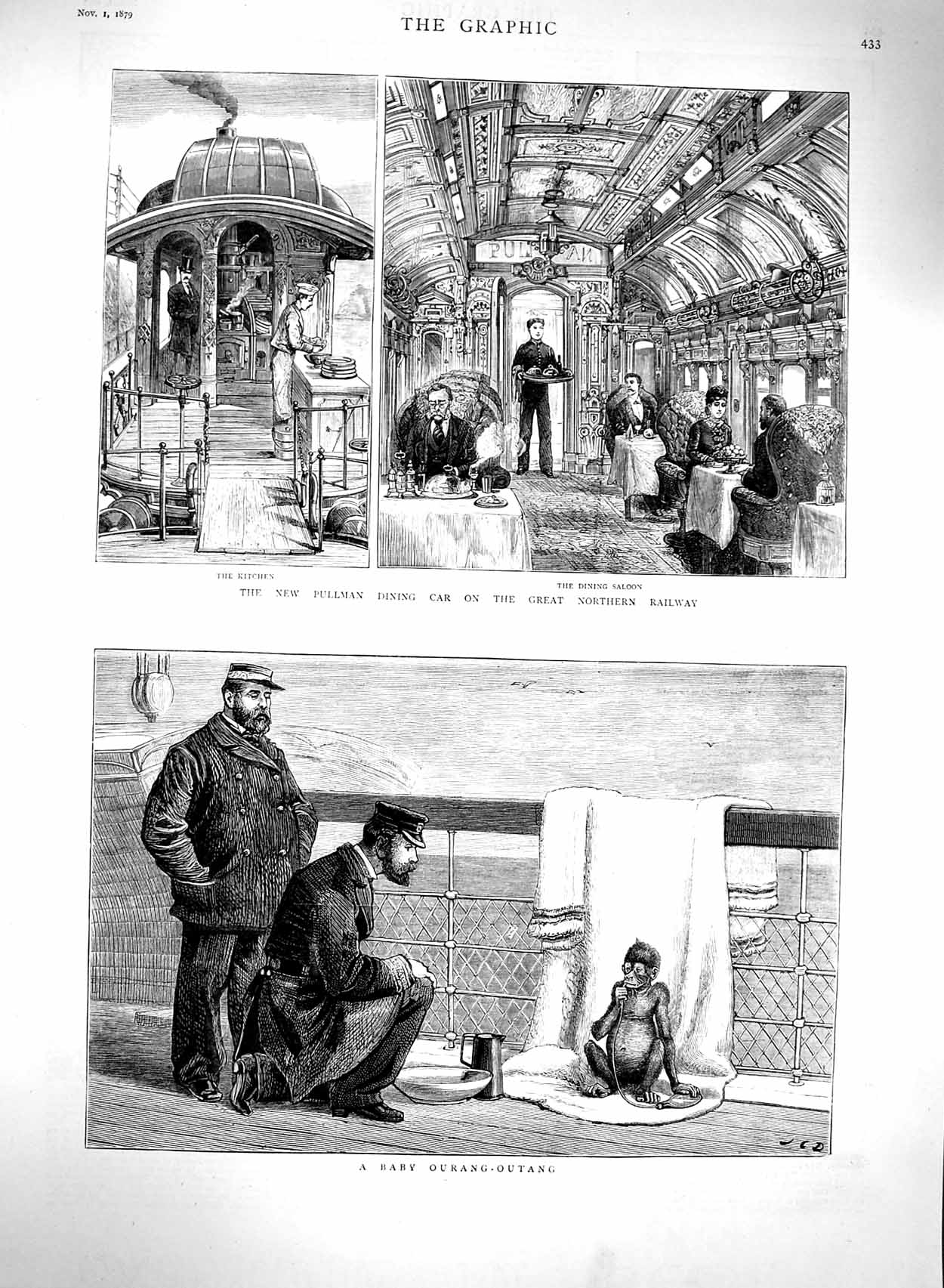 Old Antique Print 1879 Baby Ourang-Outang Ship Pullman Dining Car Railway 19th