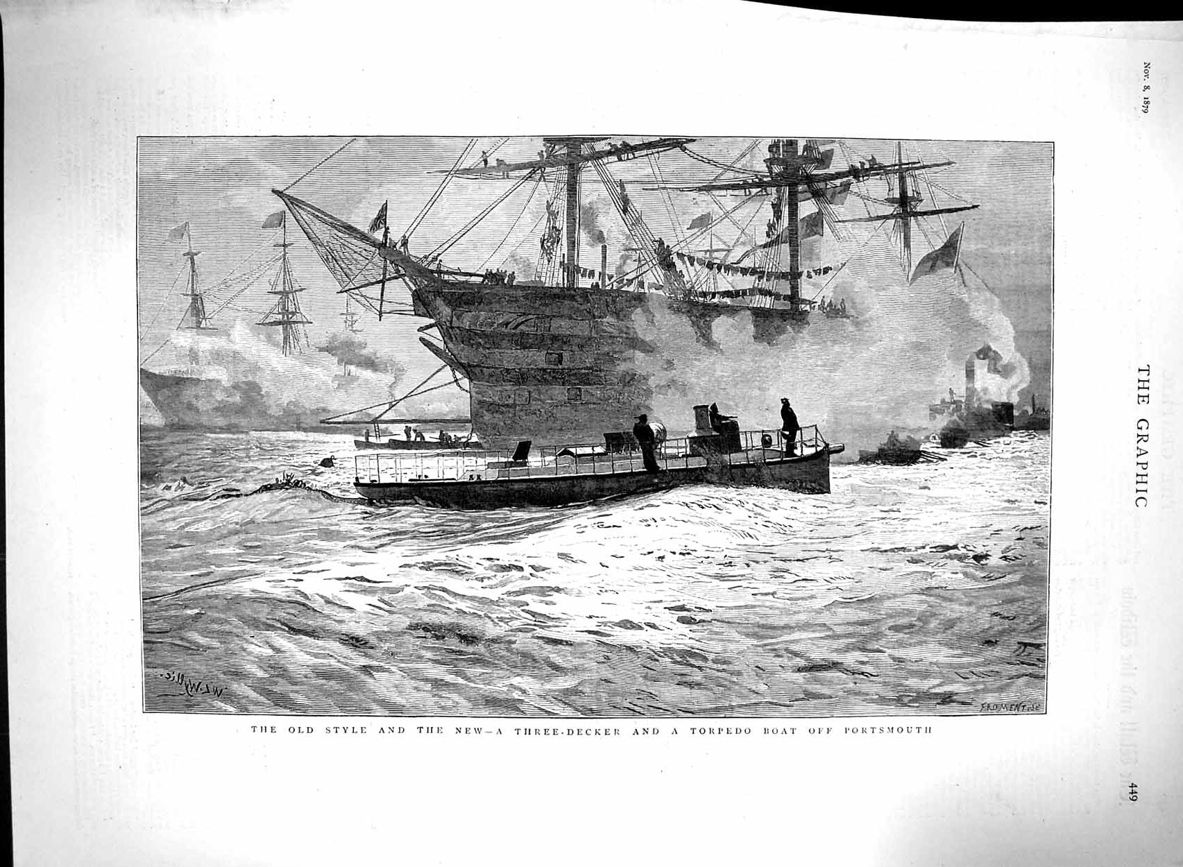 Original Old Antique Print 1879 Three-Decker Torpedo Boat Portsmouth Ship Sea