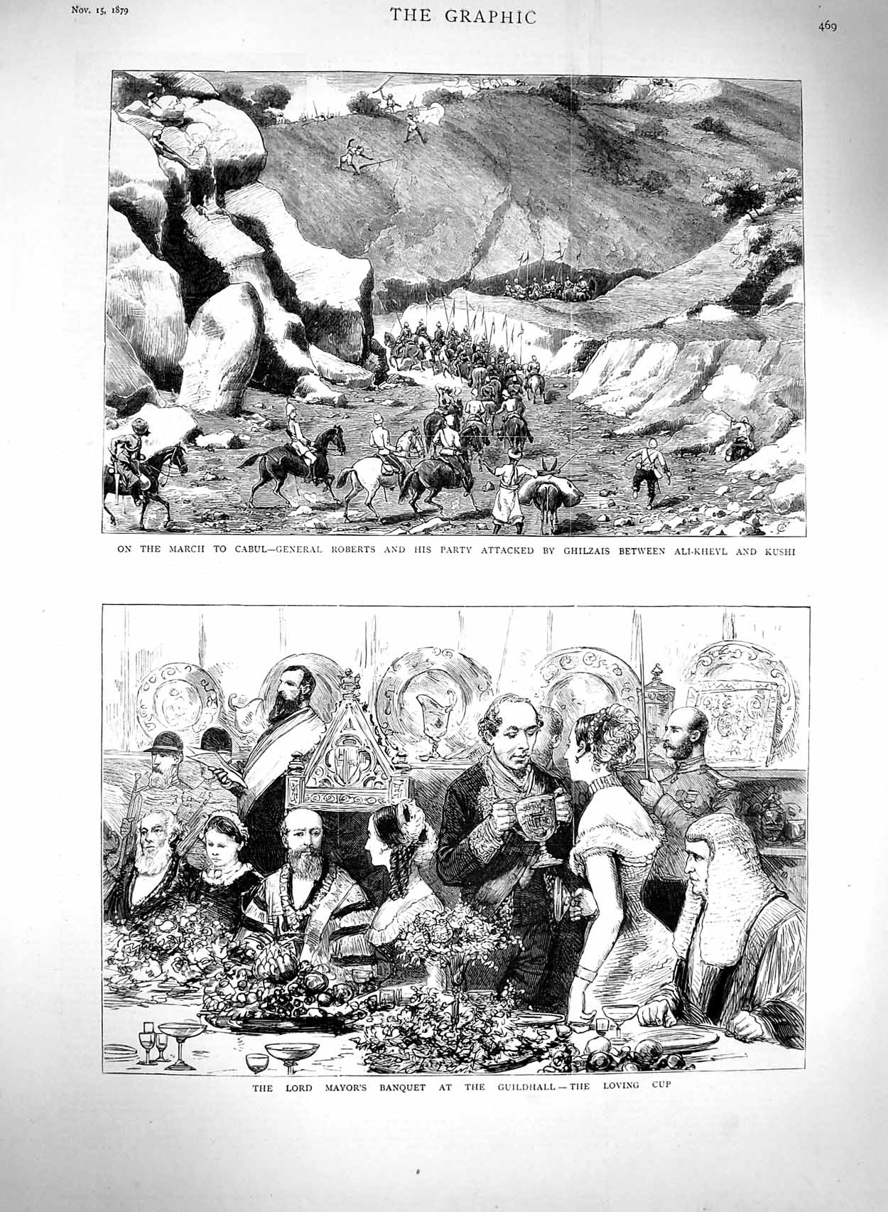 Old Antique Print 1879 Cabul Roberts Ghilzais War Kushi Guildhall Banquet 19th