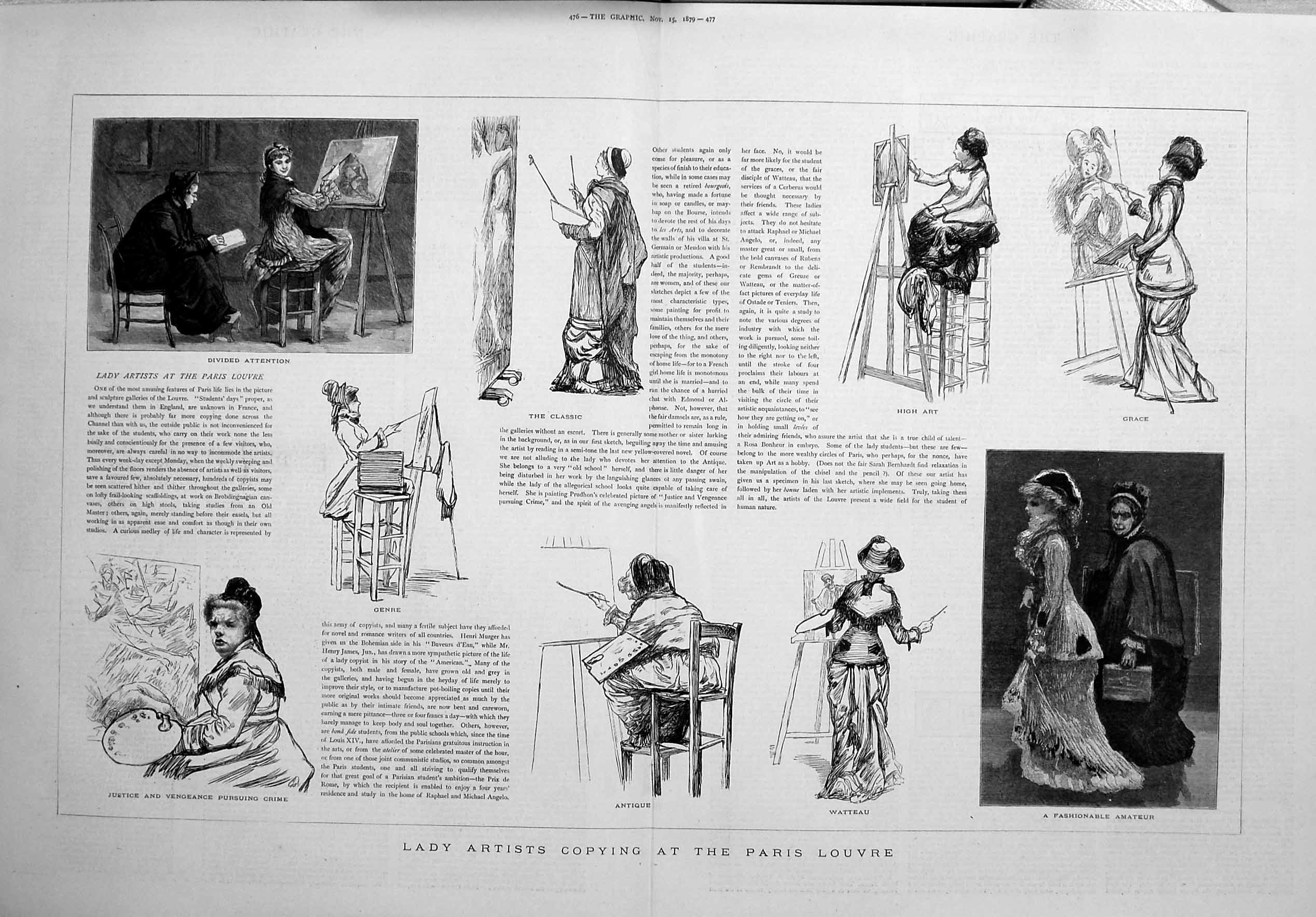Old Antique Print 1879 Lady Artists Paris Louvre Watteau France Painting 19th