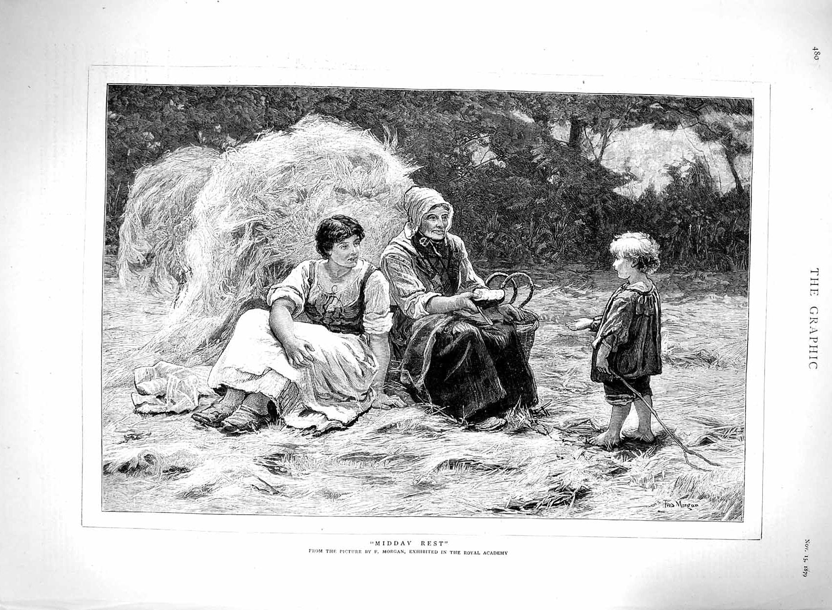 Original Old Antique Print 1879 Morgan Royal Academy Farming Family Picnic 19th