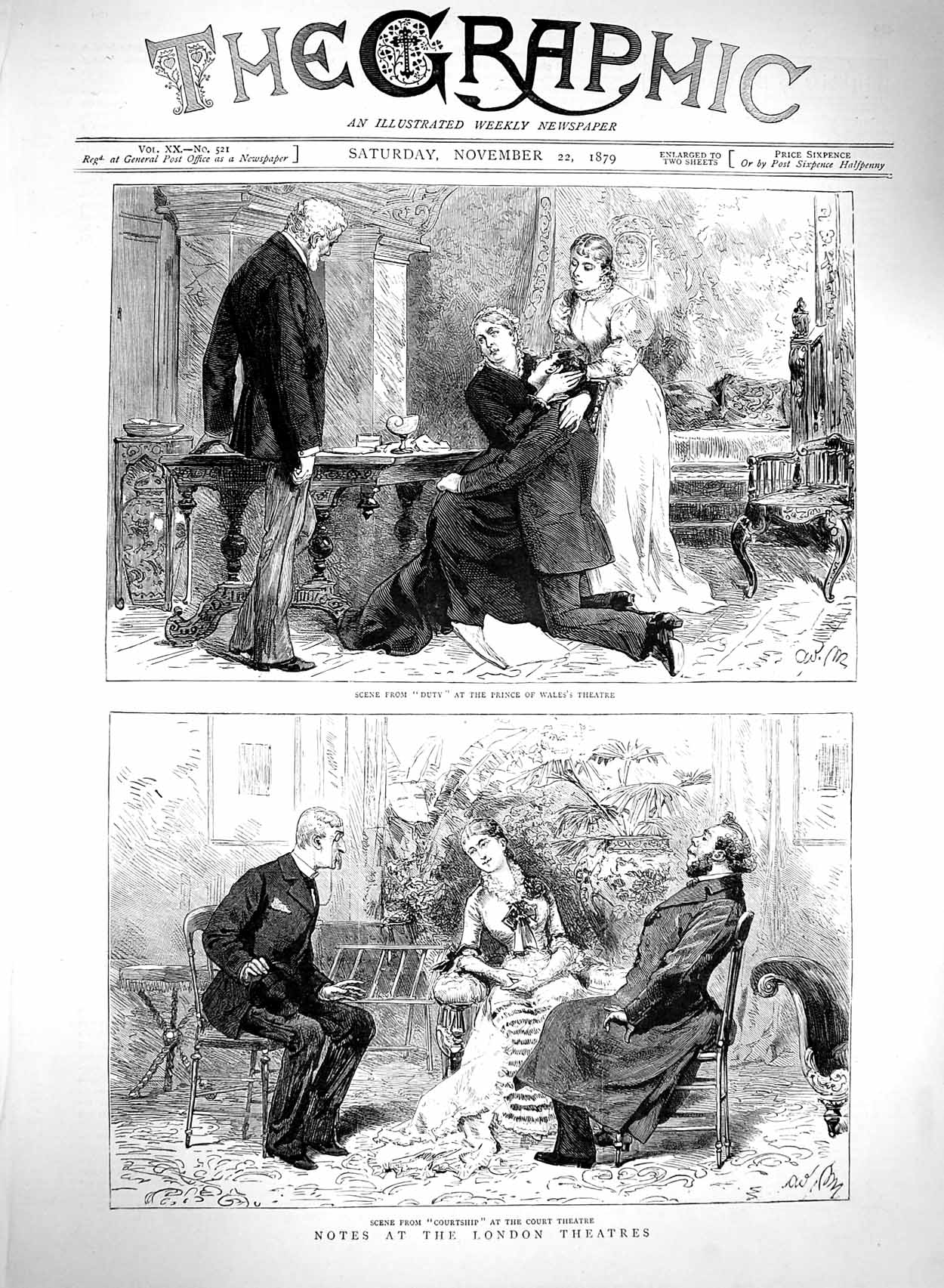 Old Antique Print 1879 London Theatre Courtship Court Duty Prince Wales 19th
