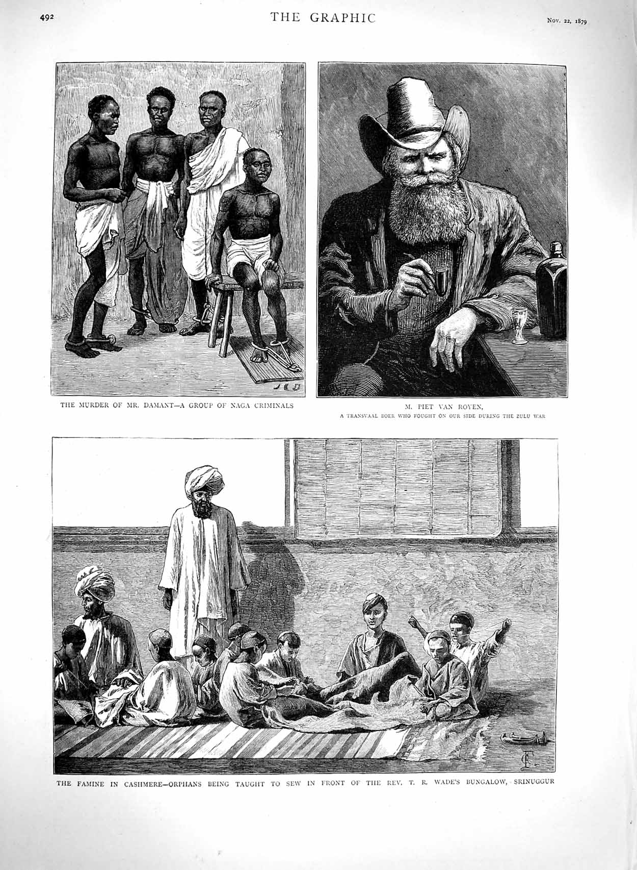 Old Antique Print 1879 Murder Damant Naga Piet Royen Famine Cashmere Wade 19th