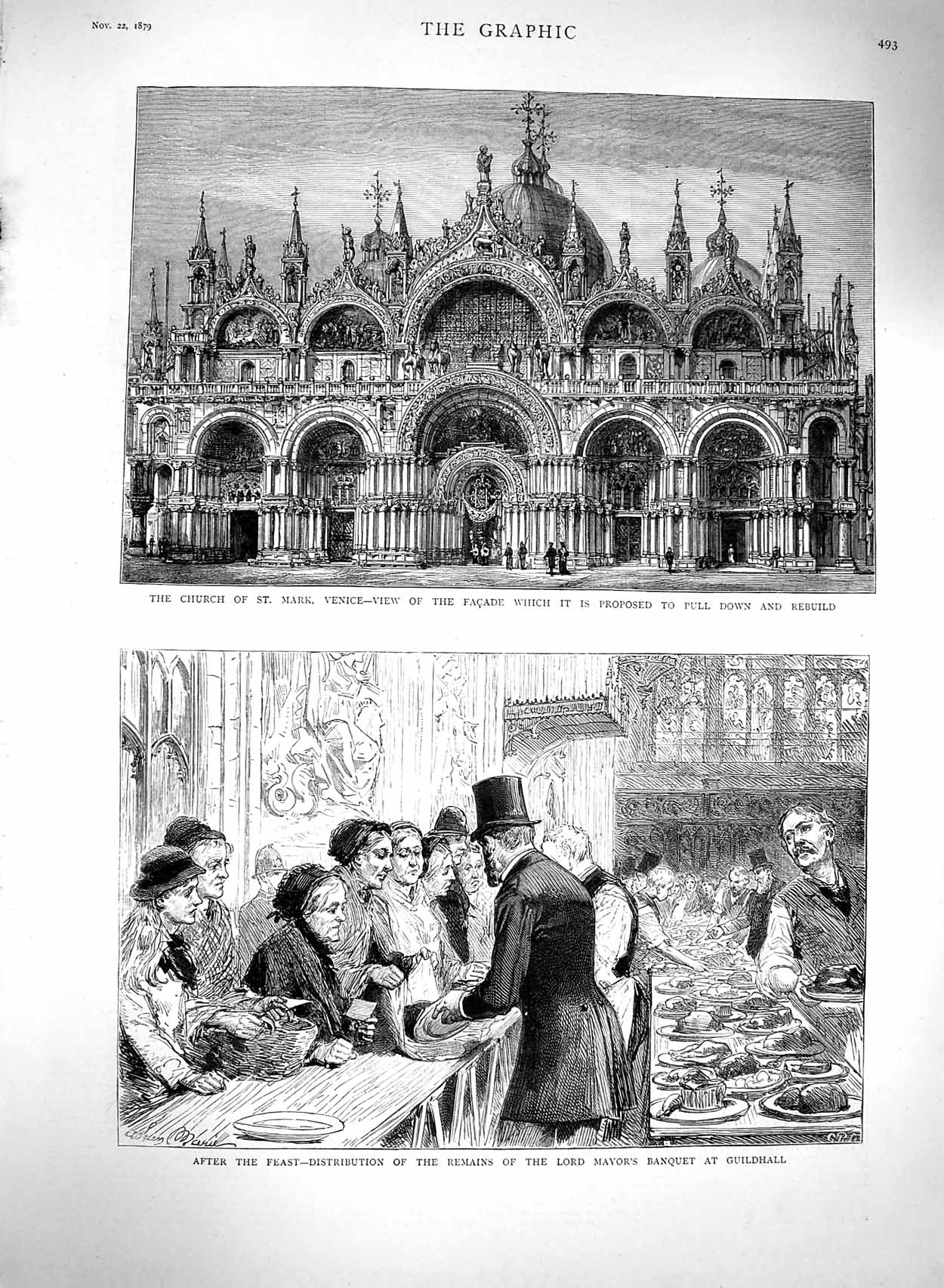 Original Old Antique Print 1879 Church St. Mark Venice Mayor Banquet Guildhall