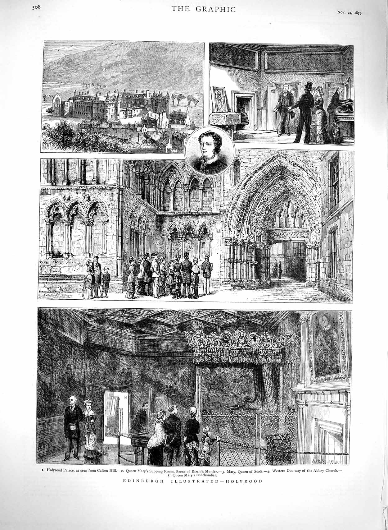 Old Antique Print 1879 Edinburgh Holyroos Palace Mary Queen Scots Church 19th