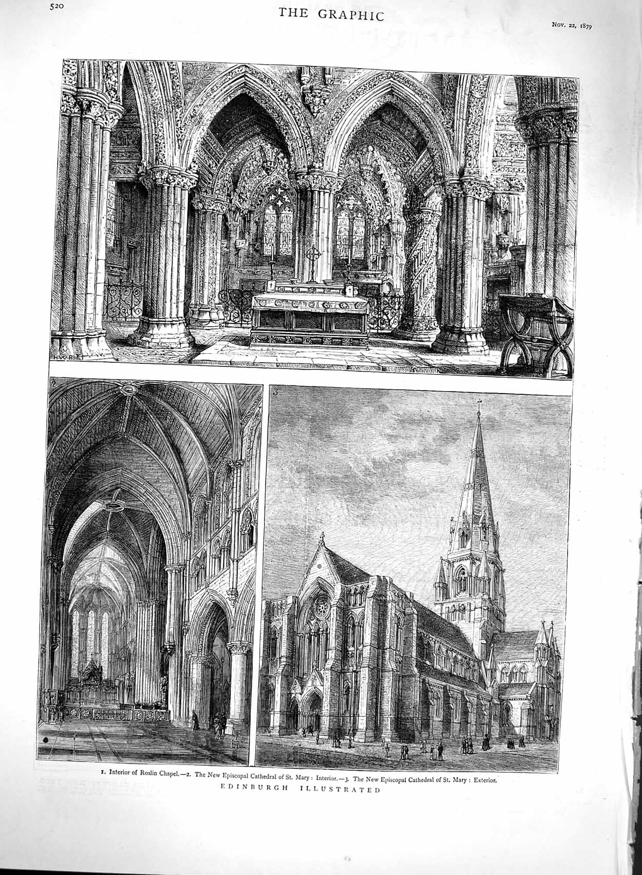 Old Antique Print 1879 Edinburgh Roslin Chapel Cathedral St. Mary Church 19th