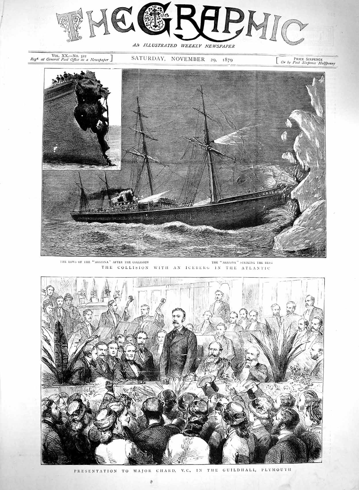 Original Old Antique Print 1879 Major Chard Guildhall Plymouth Ship Arizona Ice