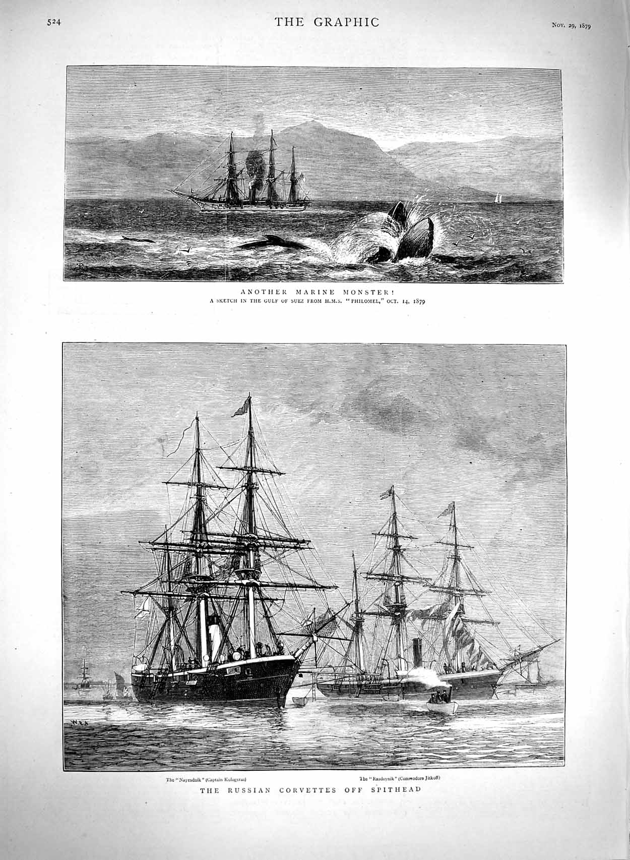 Original Old Antique Print 1879 Russian Corvettes Ships Spithead Suez Philomel