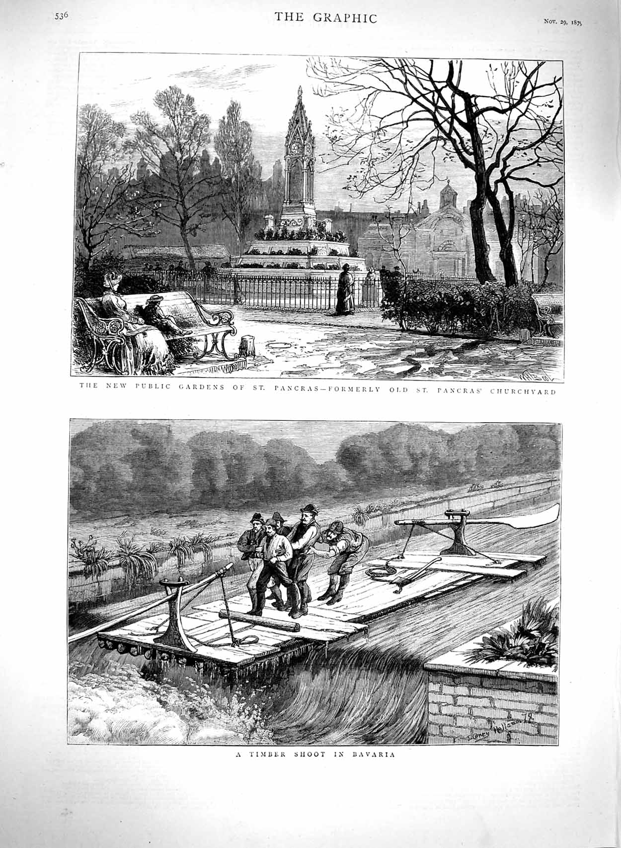 Original Old Antique Print 1879 Garden Pancras Churchyard Timber Shoot Bavaria