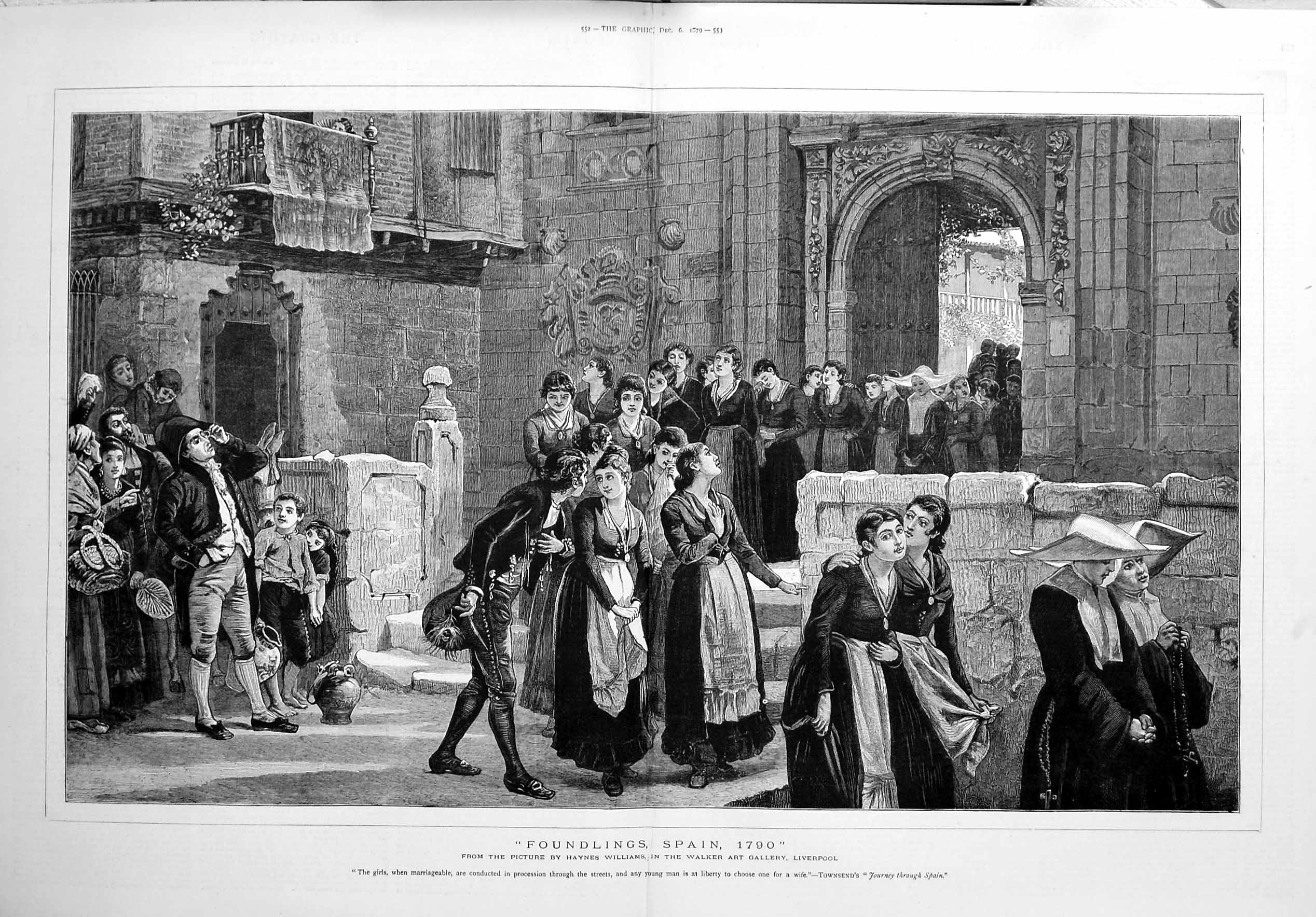 Antique Old Print 1879 Girls Procession Street Spain Walker Art Liverpool 19th