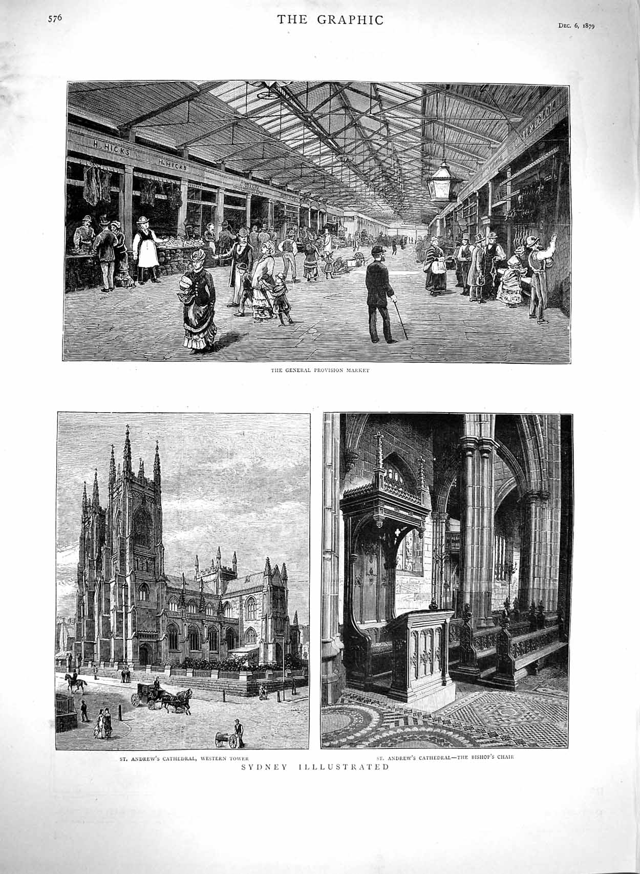 Original Old Antique Print 1879 Sydney Australia St. Andrew'S Cathedral Market
