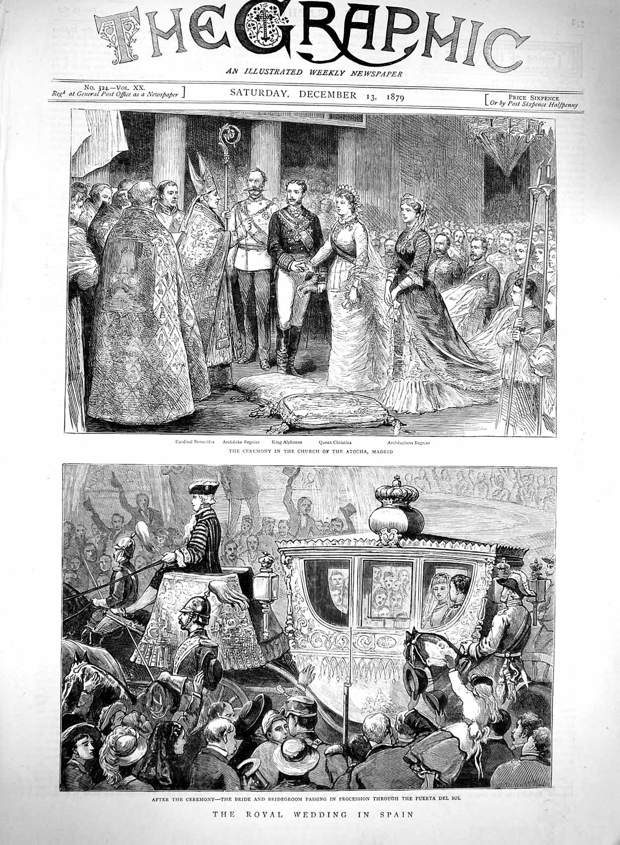 Original Old Antique Print 1879 Royal Wedding Spain Puerta Church Atocha Madrid