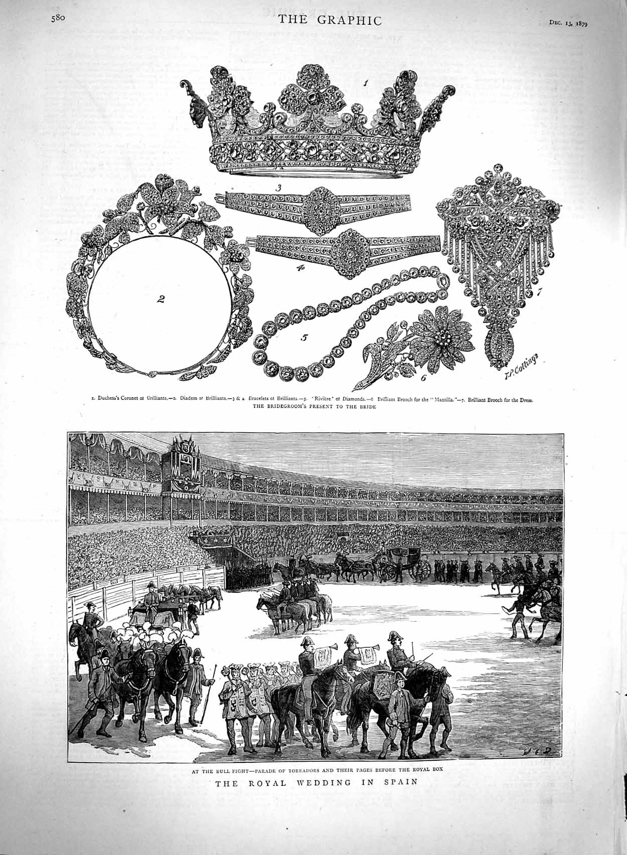 Old Antique Print 1879 Royal Wedding Spain Bull Fight Mantilla Jewellery 19th
