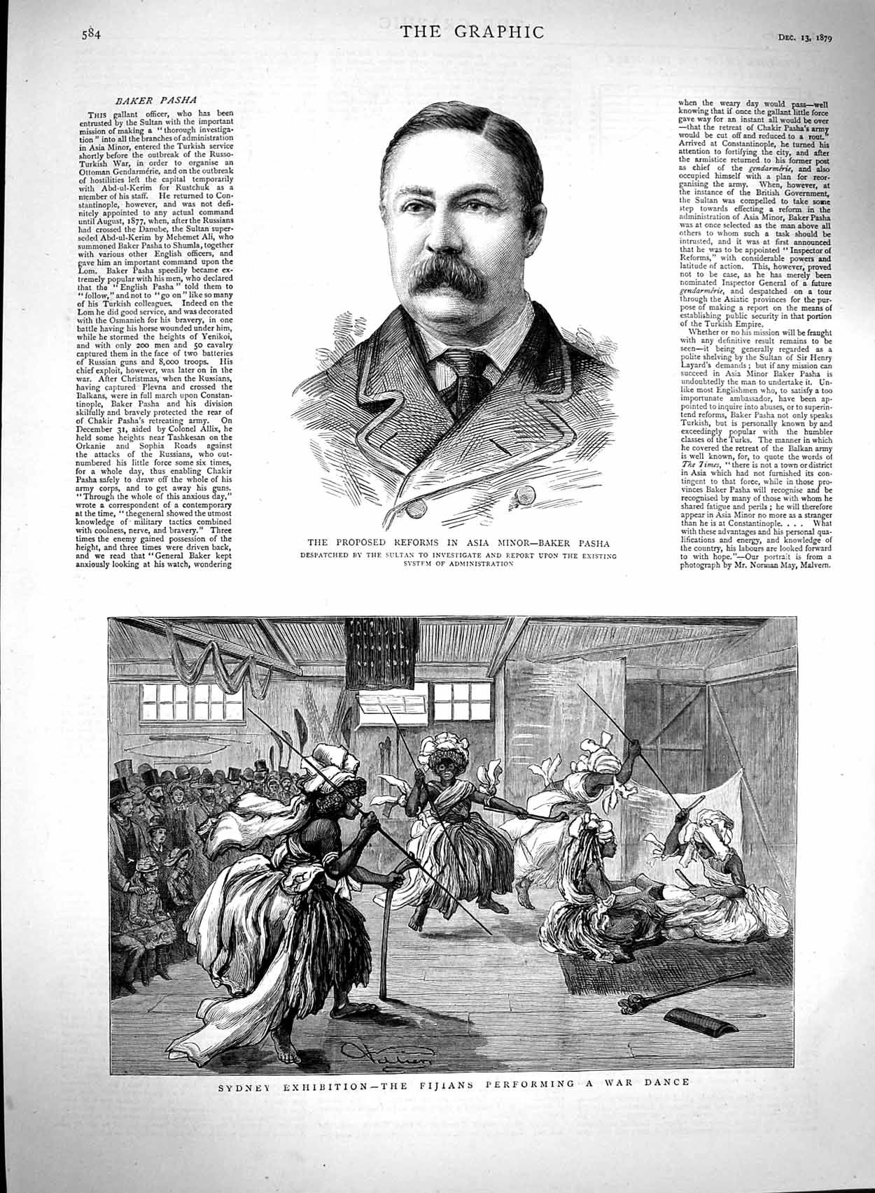 Original Old Antique Print 1879 Reforms Asia Baker Pasha Fijians War Dance 19th