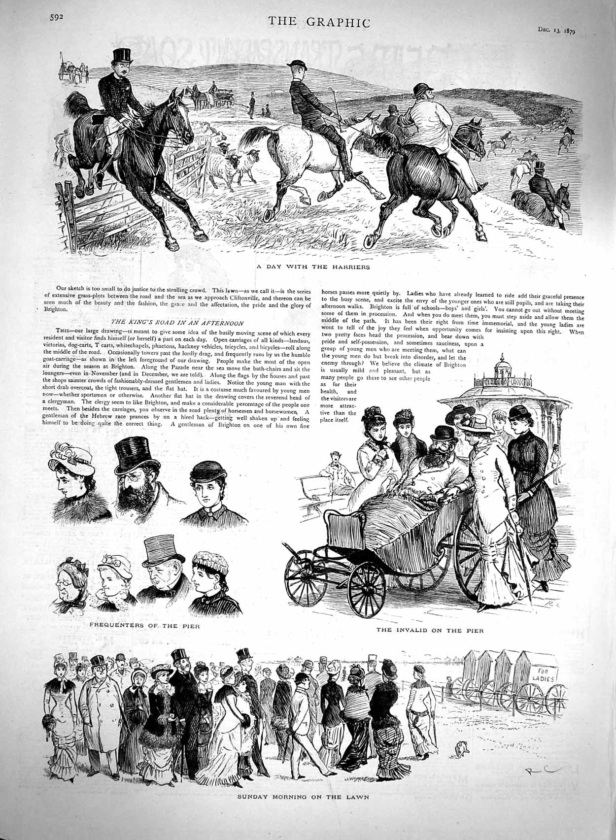 Original Old Antique Print 1879 Harriers Hunting Horses Sport Pier Beach 19th
