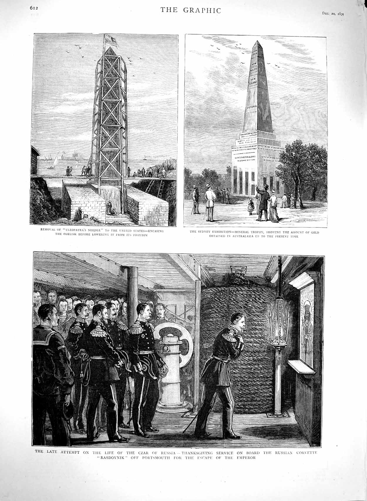 Original Old Antique Print 1879 Thanksgiving Ship Rasdoynik Cleopatra'S Needle