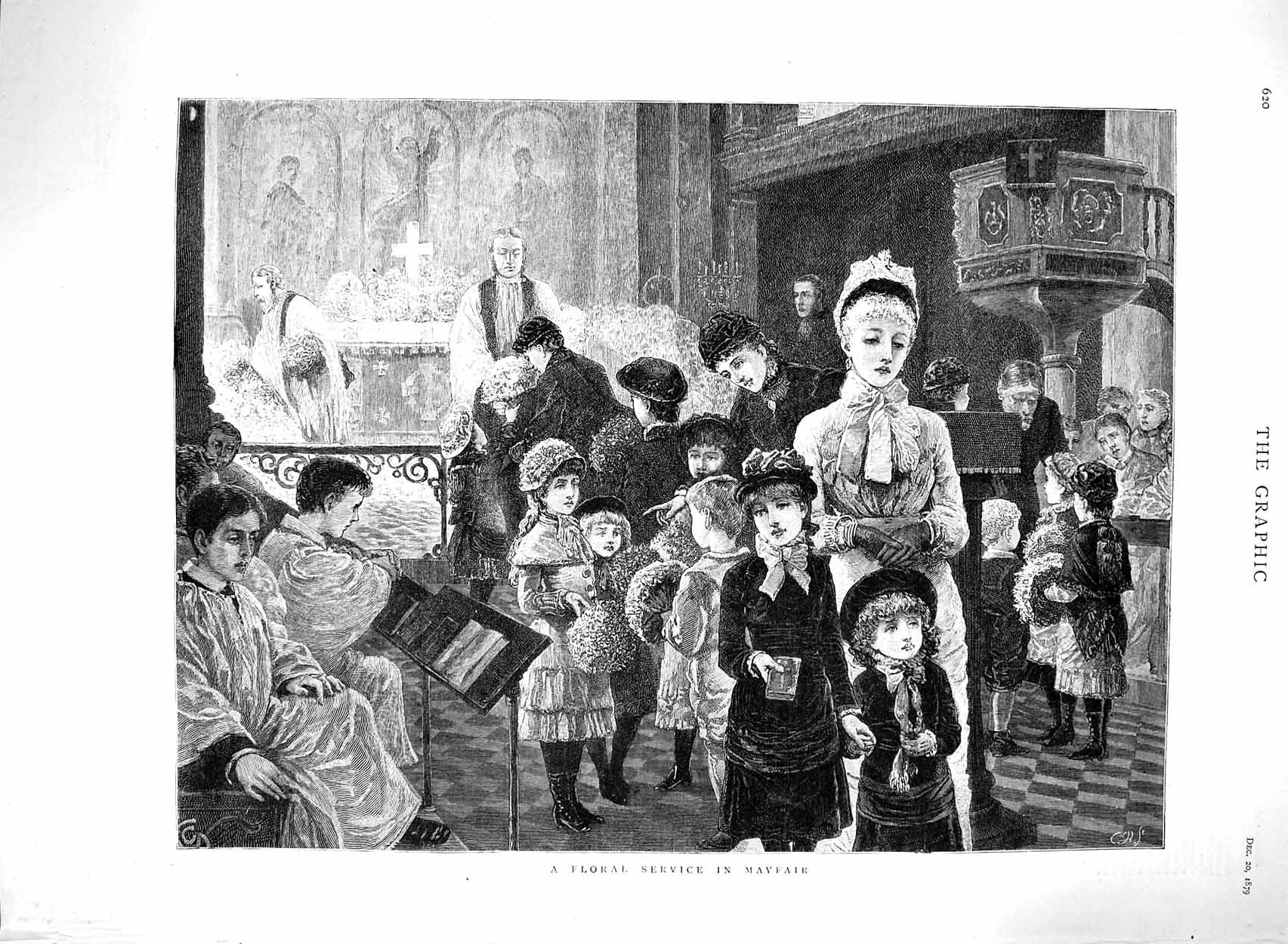 Original Old Antique Print 1879 Floral Church Service Mayfair London Children