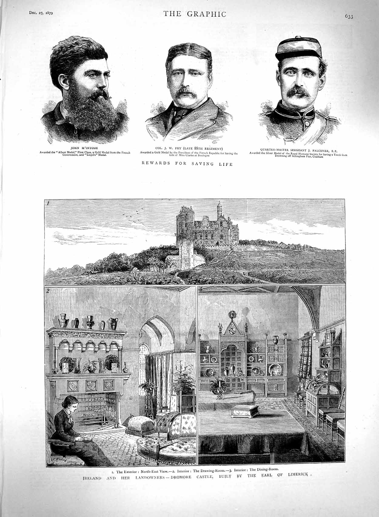 Old Antique Print 1879 Ireland Dromore Castle Earl Limerick Fry Falconer 19th