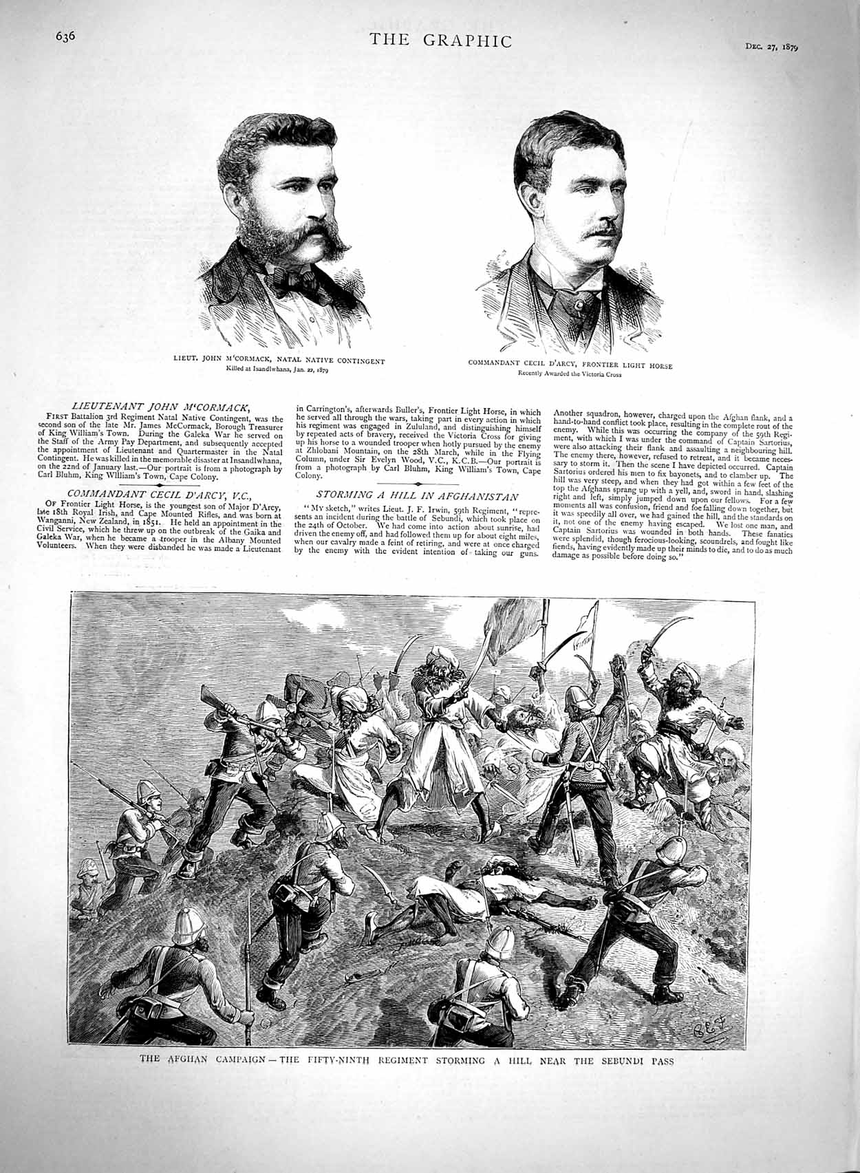 Original Old Antique Print 1879 Afghan War Sebundi Pass M'Cormack D'Arcy Siers