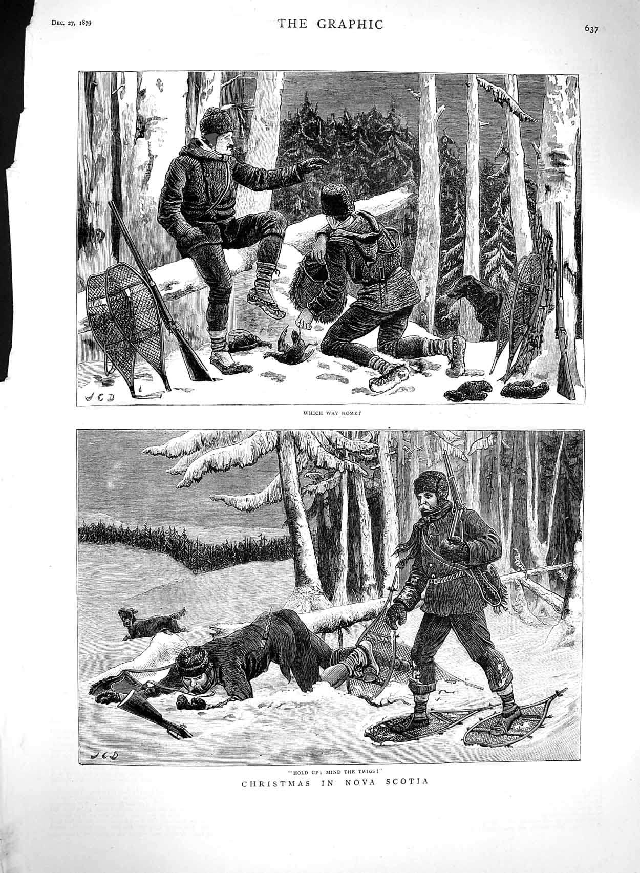 Original Old Antique Print 1879 Christmas Nova Scotia Winter Snow Hunting Men
