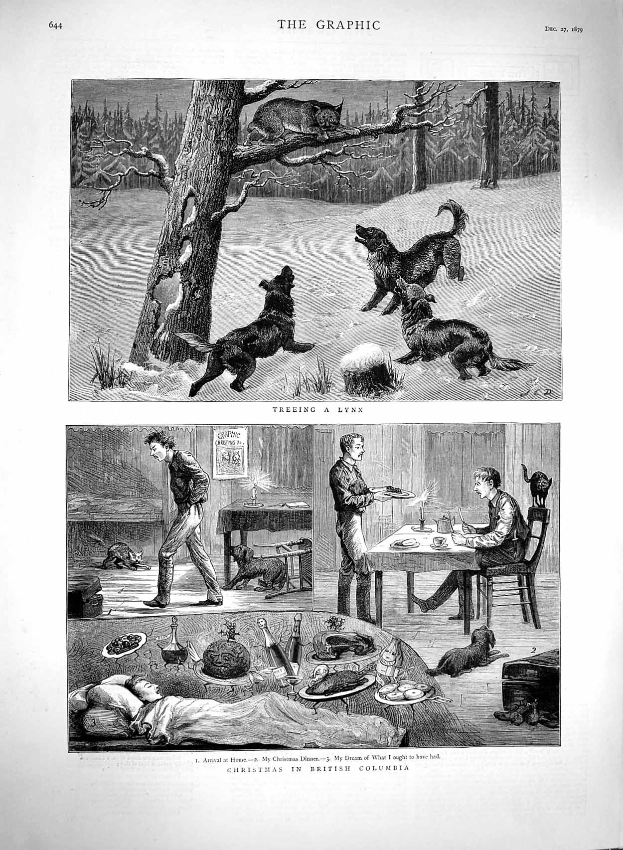 Original Old Antique Print 1879 Christmas British Columbia Lynx Dogs Fine Art