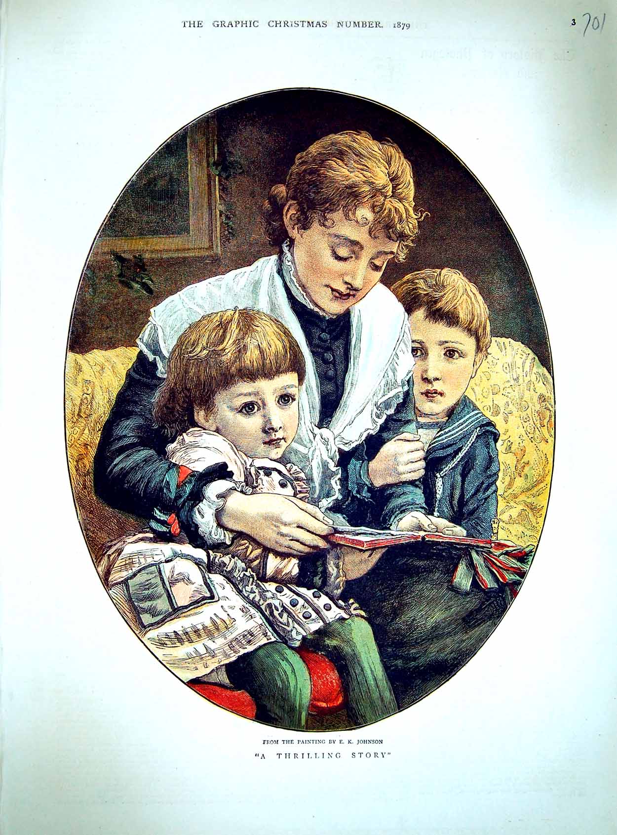 Original Old Antique Print 1879 Johnson Colour Mother Reading Children Story
