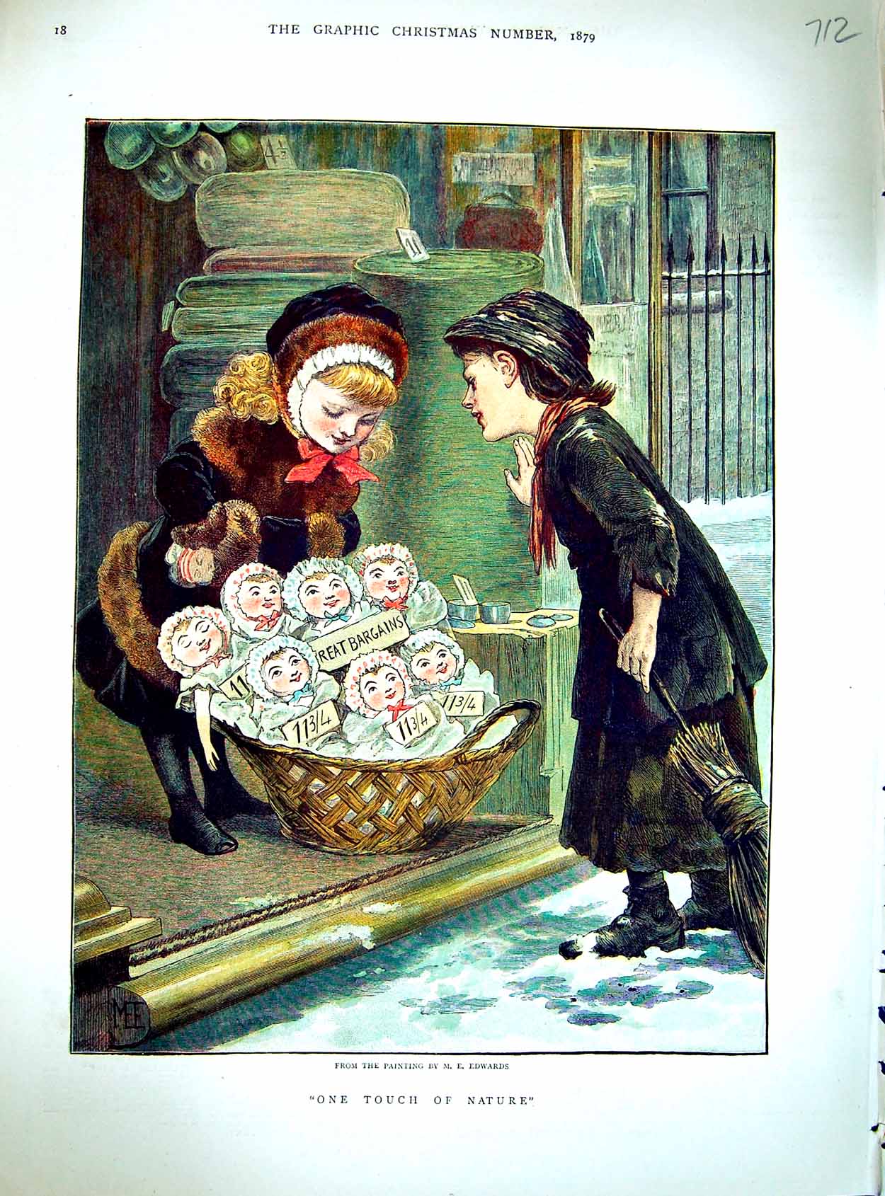 Original Old Antique Print 1879 Edwards Colour Little Children Selling Dolls