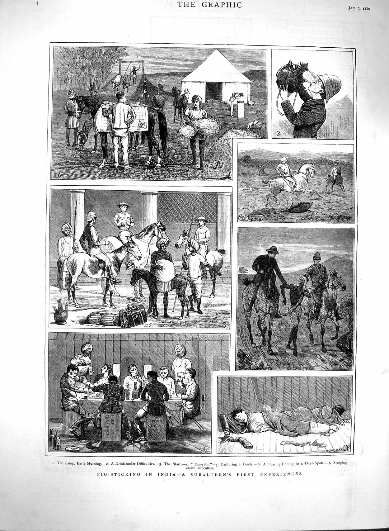 Original Old Antique Print 1880 Pig Sticking India Hunting Camp Sport Su 19th