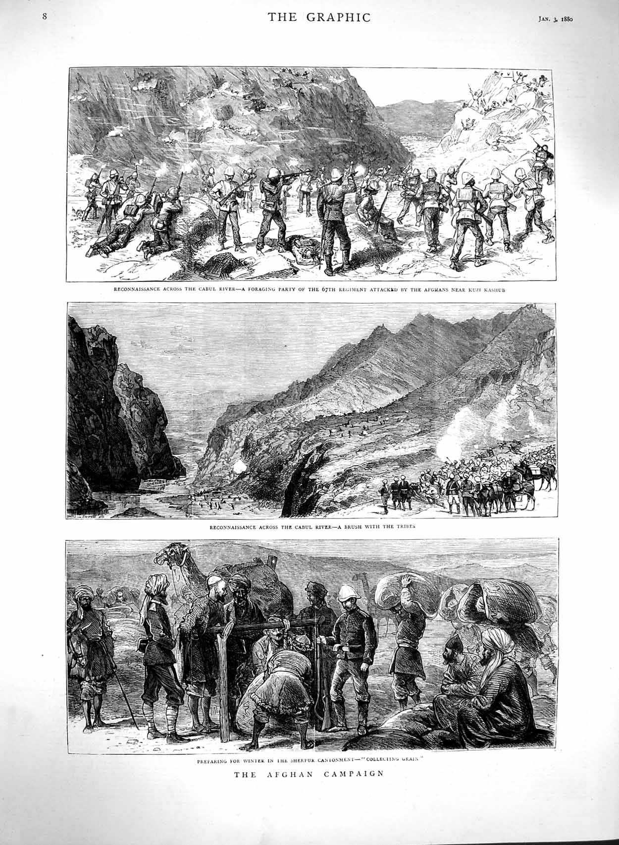 Original Old Antique Print 1880 Afghan War Cabul River Siers Kashub Sherpur