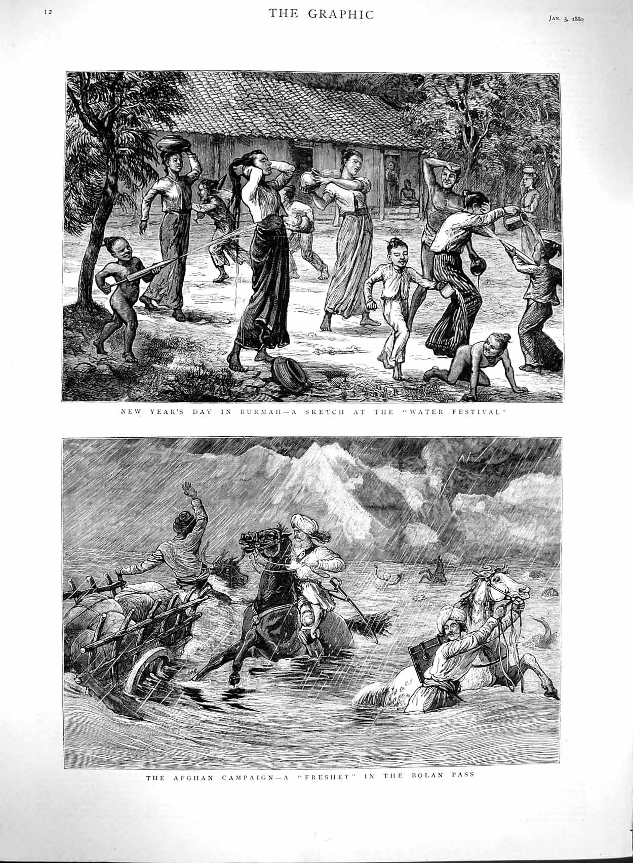 Old Antique Print 1880 Burmah Water Festival Afghan Campaign Bolan Pass 19th