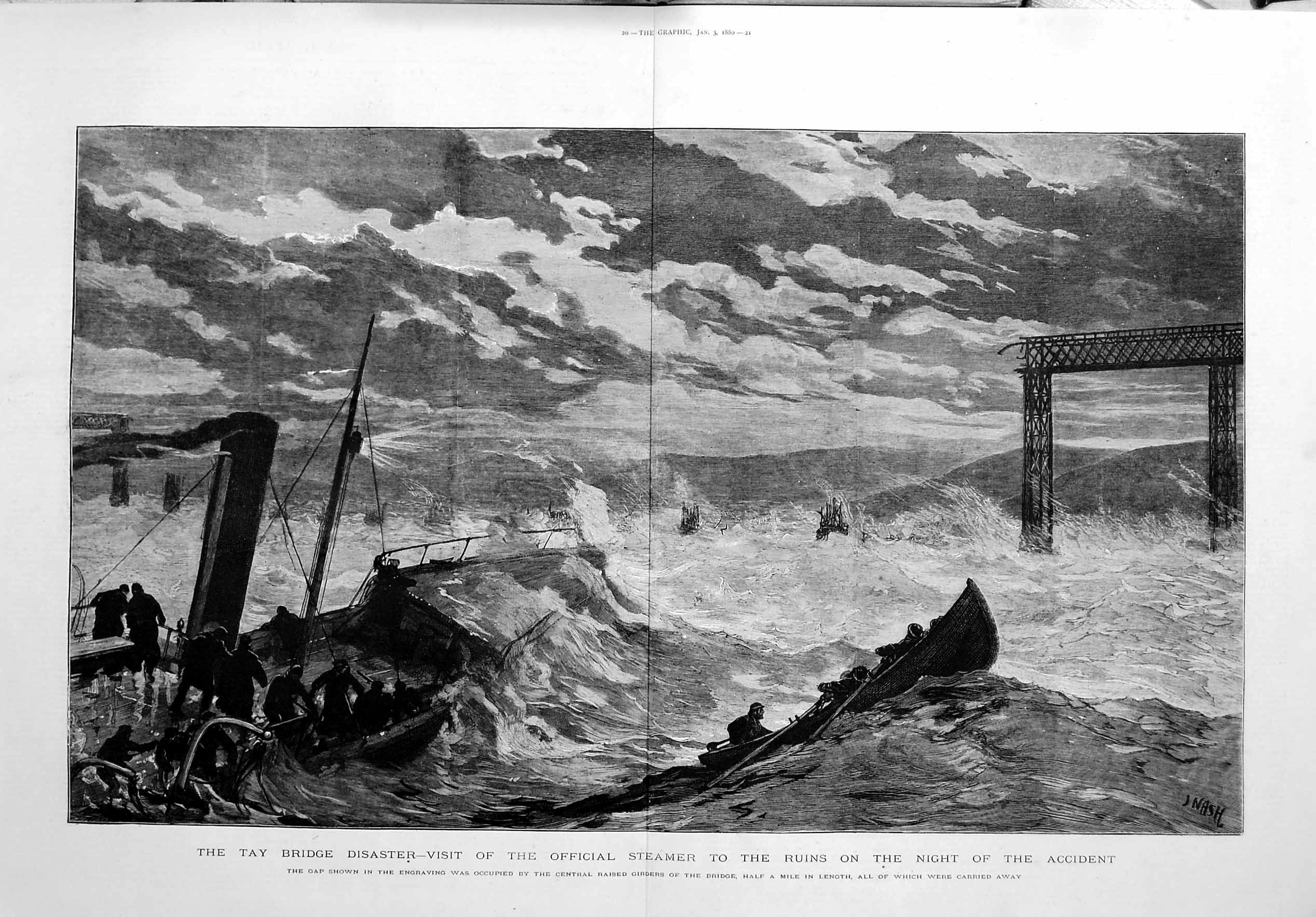 Antique Old Print 1880 Tay Railway Bridge Disaster Firth Forth Train Fife 0 19th