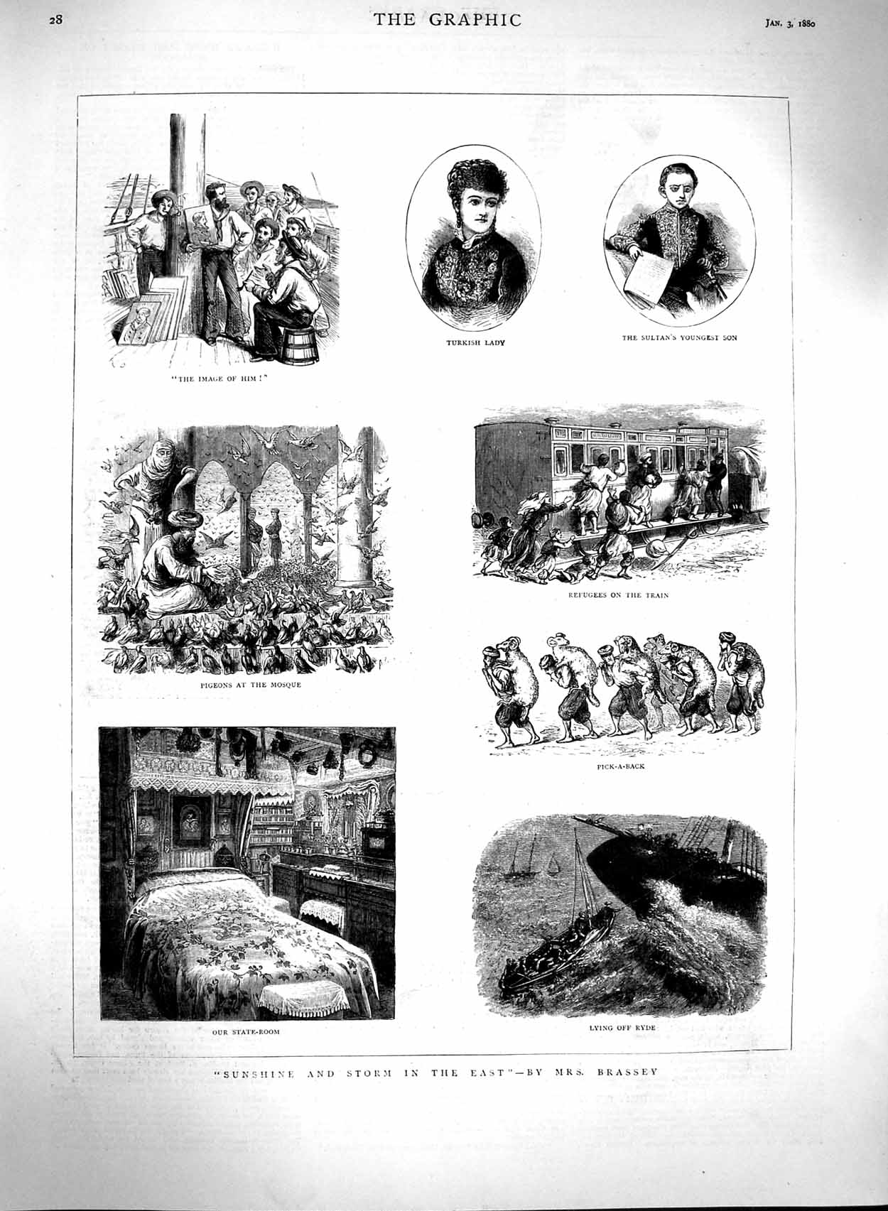 Old Antique Print 1880 Brassey Art Turkish Lady Refugees Train Ryde Ship 19th
