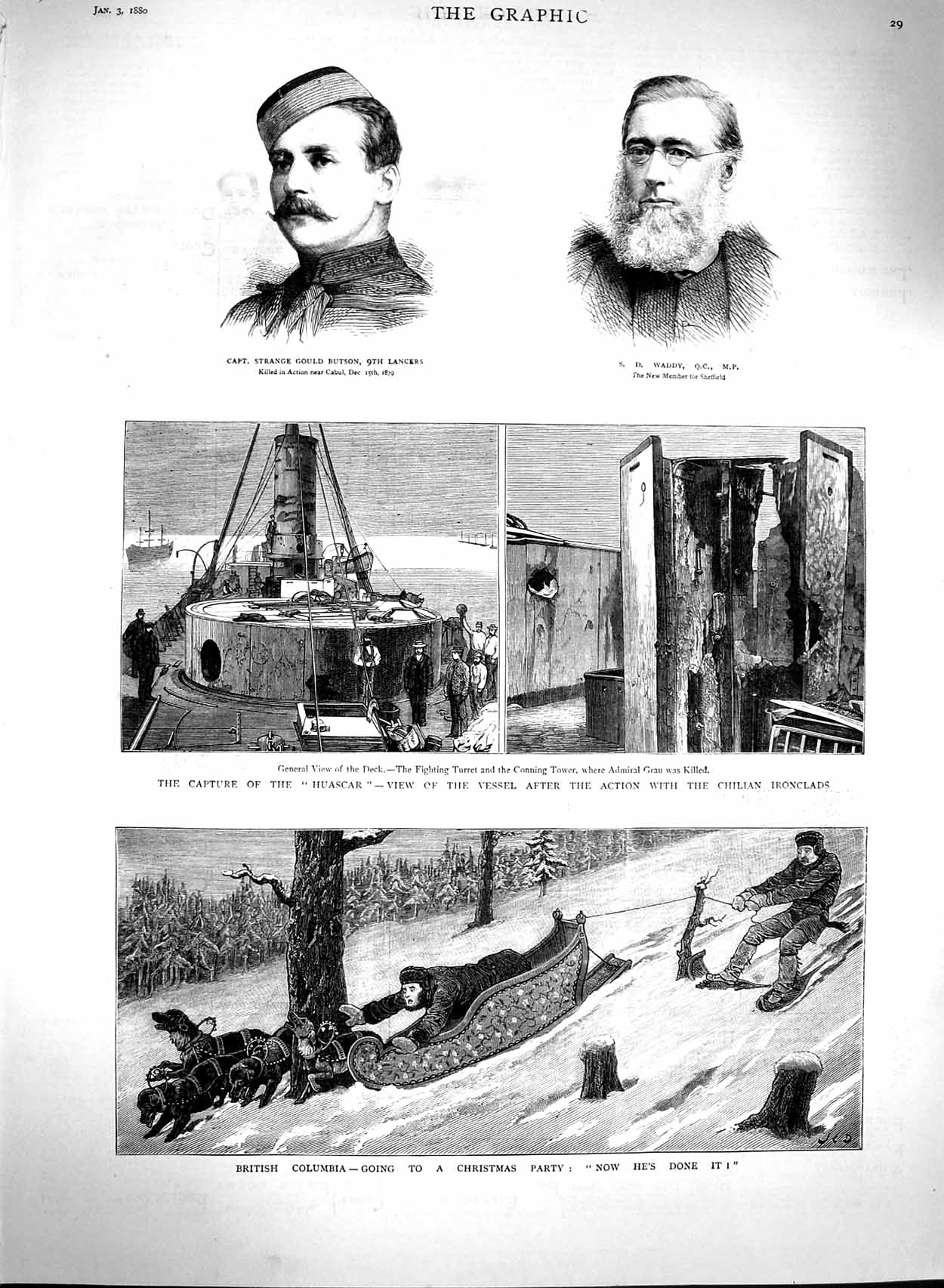 Original Old Antique Print 1880 Ship Huascar Butson Waddy Lancers British C 19th