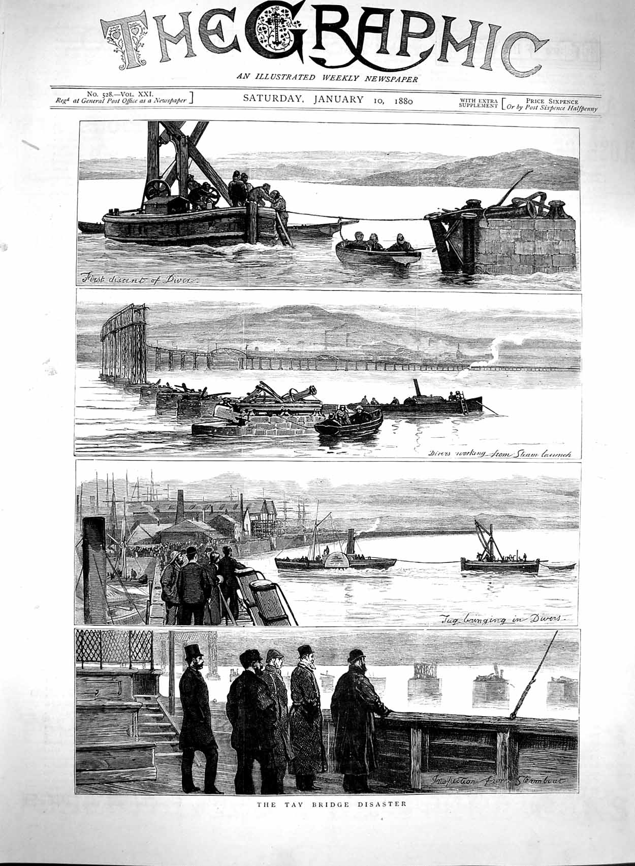 Original Old Antique Print 1880 Tay Bridge Disaster Scotland Steam Boat 19th