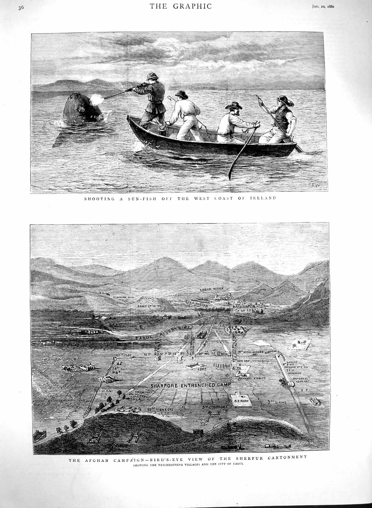 Original Old Antique Print 1880 Shooting Fish Ireland Afghan War Sherpu 19th