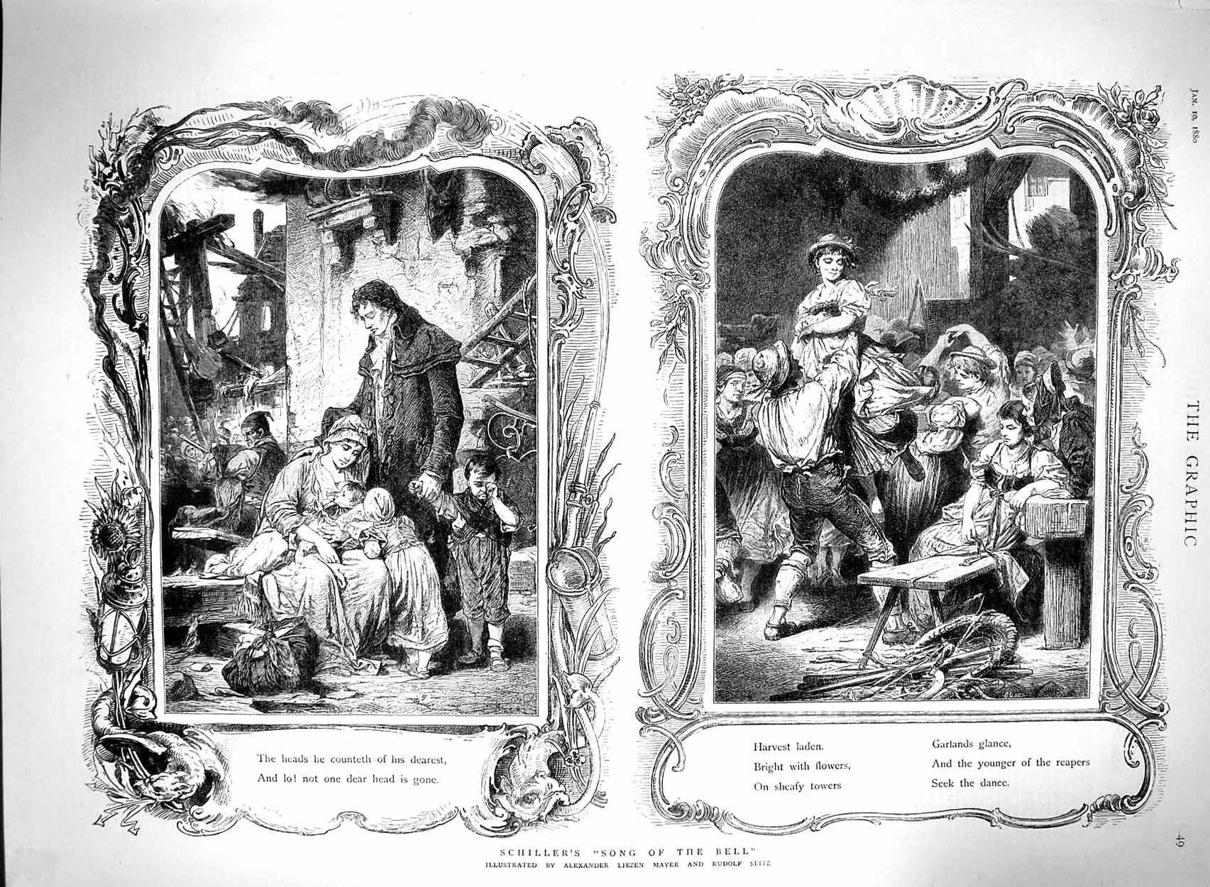 Old Antique Print 1880 Schiller Song Bell Liezen Mayer Sitz Illustration 19th