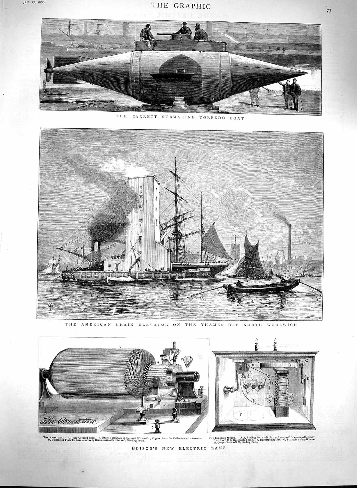Old Antique Print 1880 Edison Electric Garrett Submarine Grain Elevator 19th