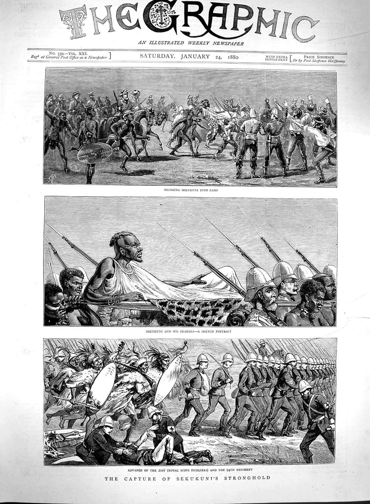 Original Old Antique Print 1880 Capture Sekukuni Royal Scots Fusiliers War Sier