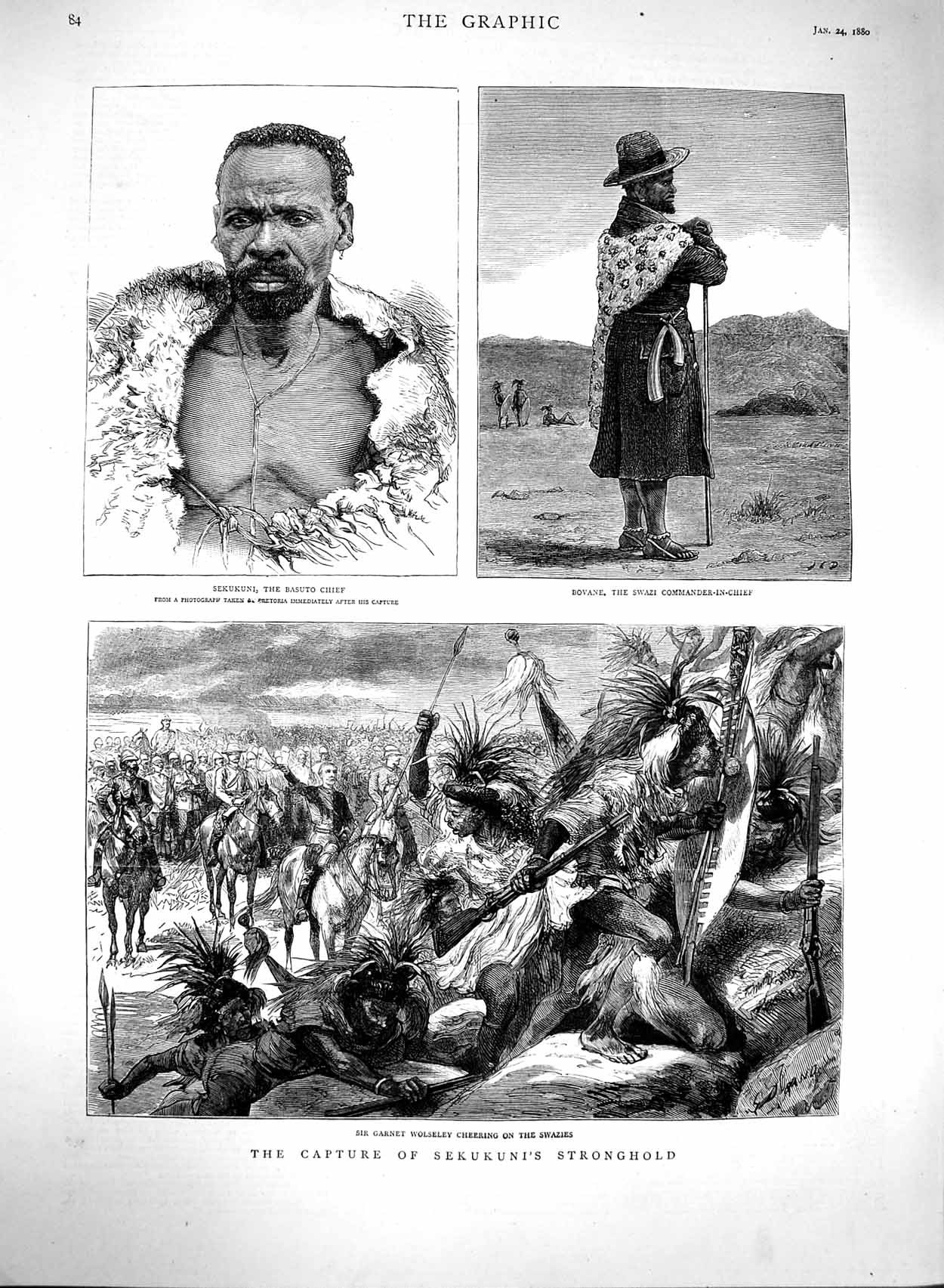 Original Old Antique Print 1880 Sekukuni Basuto Chief Wolseley Swazies Bovane