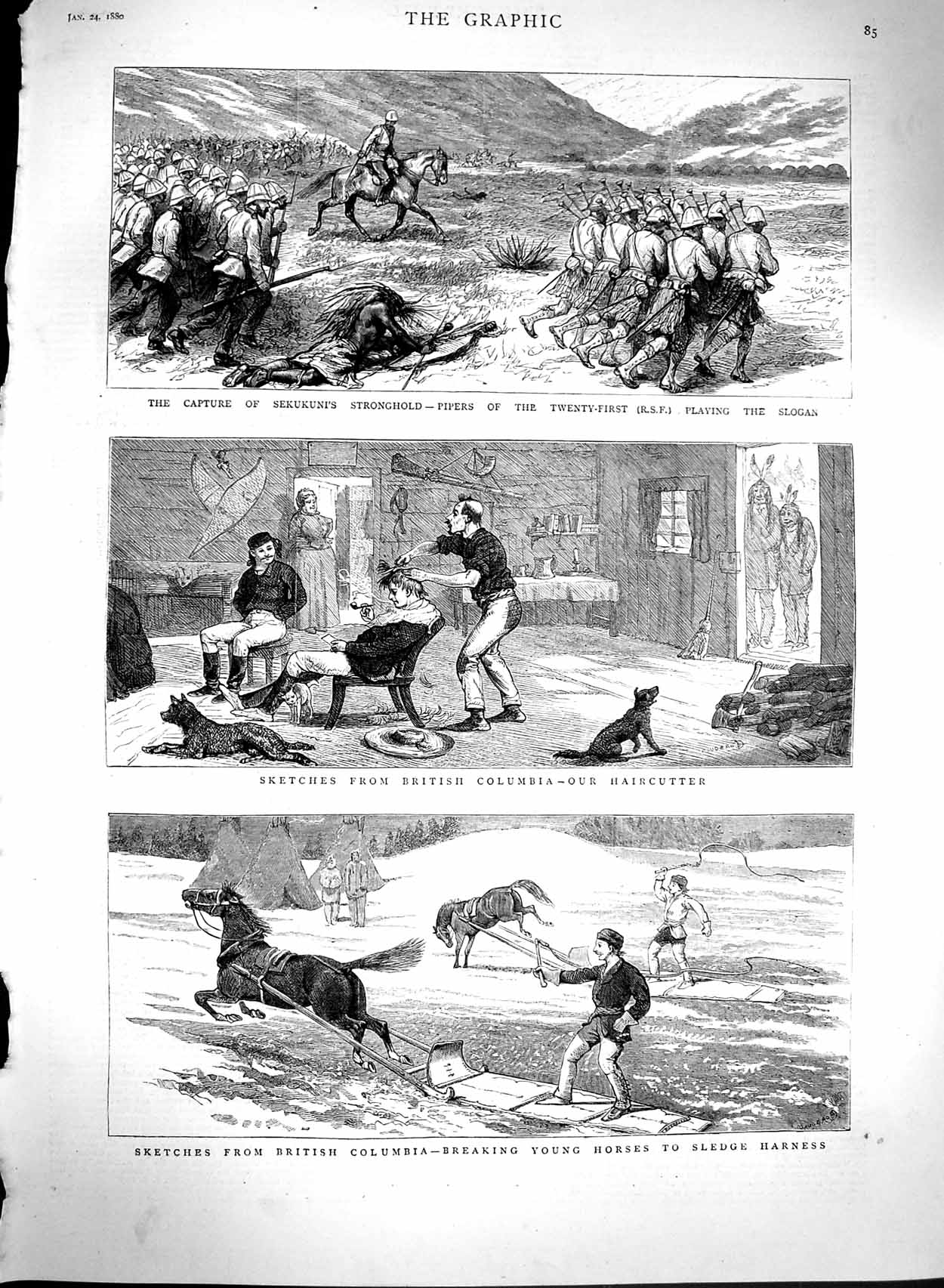 Original Old Antique Print 1880 British Columbia Horses Sekukuni Pipers Siers