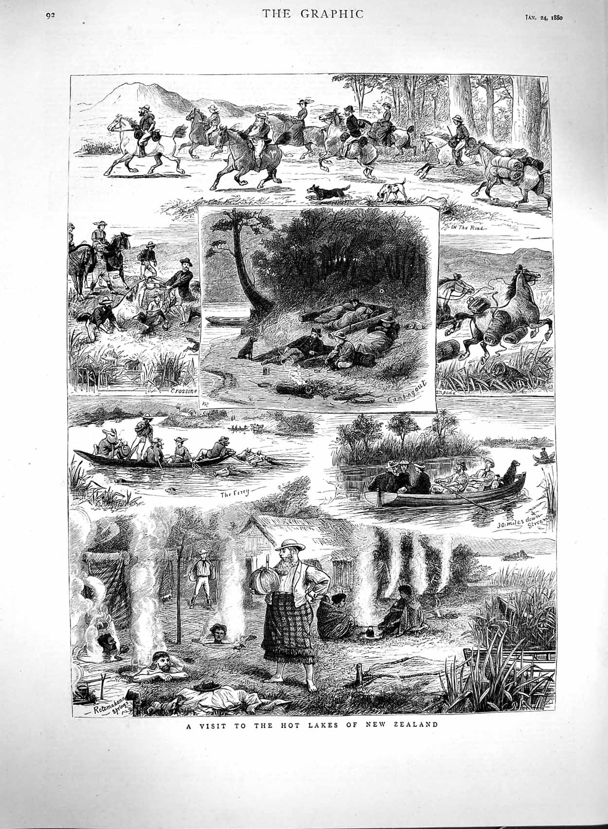 Original Old Antique Print 1880 Hot Lakes New Zealand Camping Boats Rot 19th