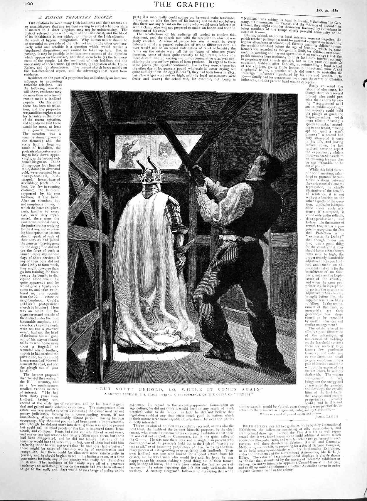 Original Old Antique Print 1880 Scene Beneath Stage Opera Hamlet Theatre 19th